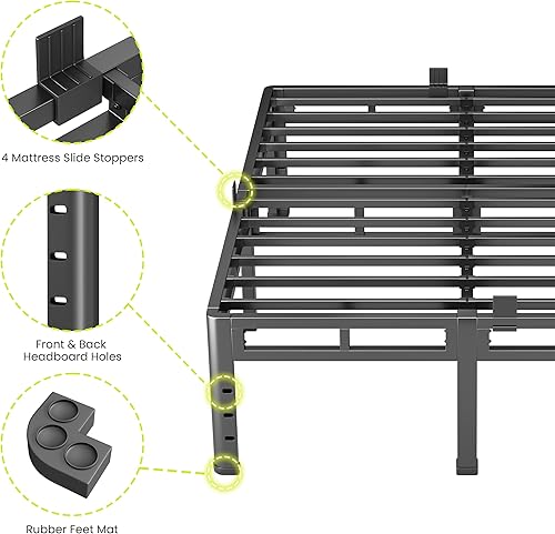Miniatura 7 de Base de cama tamaño Queen NKZ de 14 pulgadas, marco de cama metálico y somier 2 en 1 con plataforma de patas redondeadas, marco reforzado de metal