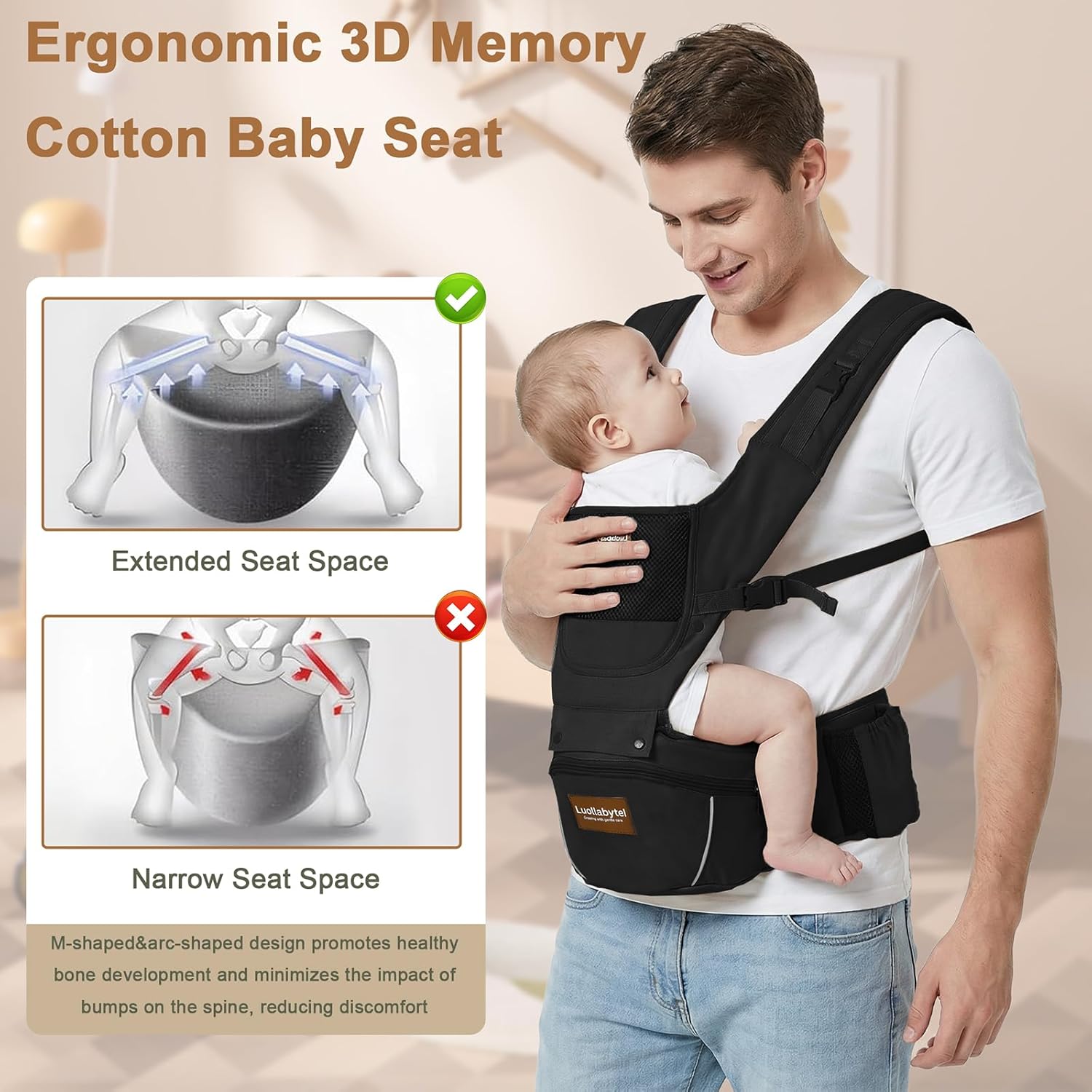 Baby Carrier with Hip Seat, Ergonomic 6-in-1 Infant Carrier for Newborn to Toddler, Adjustable Baby Holder with Head Support for Dad, Black thumbnail