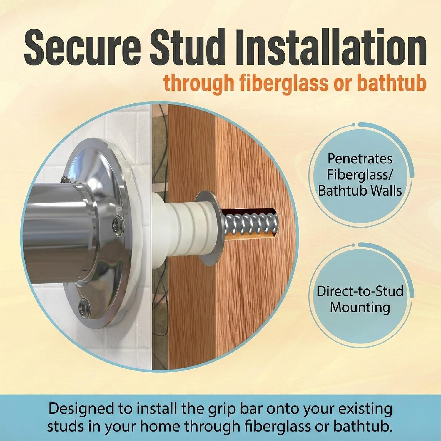 Grab Bar Mounting Kit for Fiberglass Showers, Grab Bar Anchors with Adjustable Spacers (15/16" to 2-1/8"), Shower Install Kit for Installing Grab Bar to Stud, 1 Pair