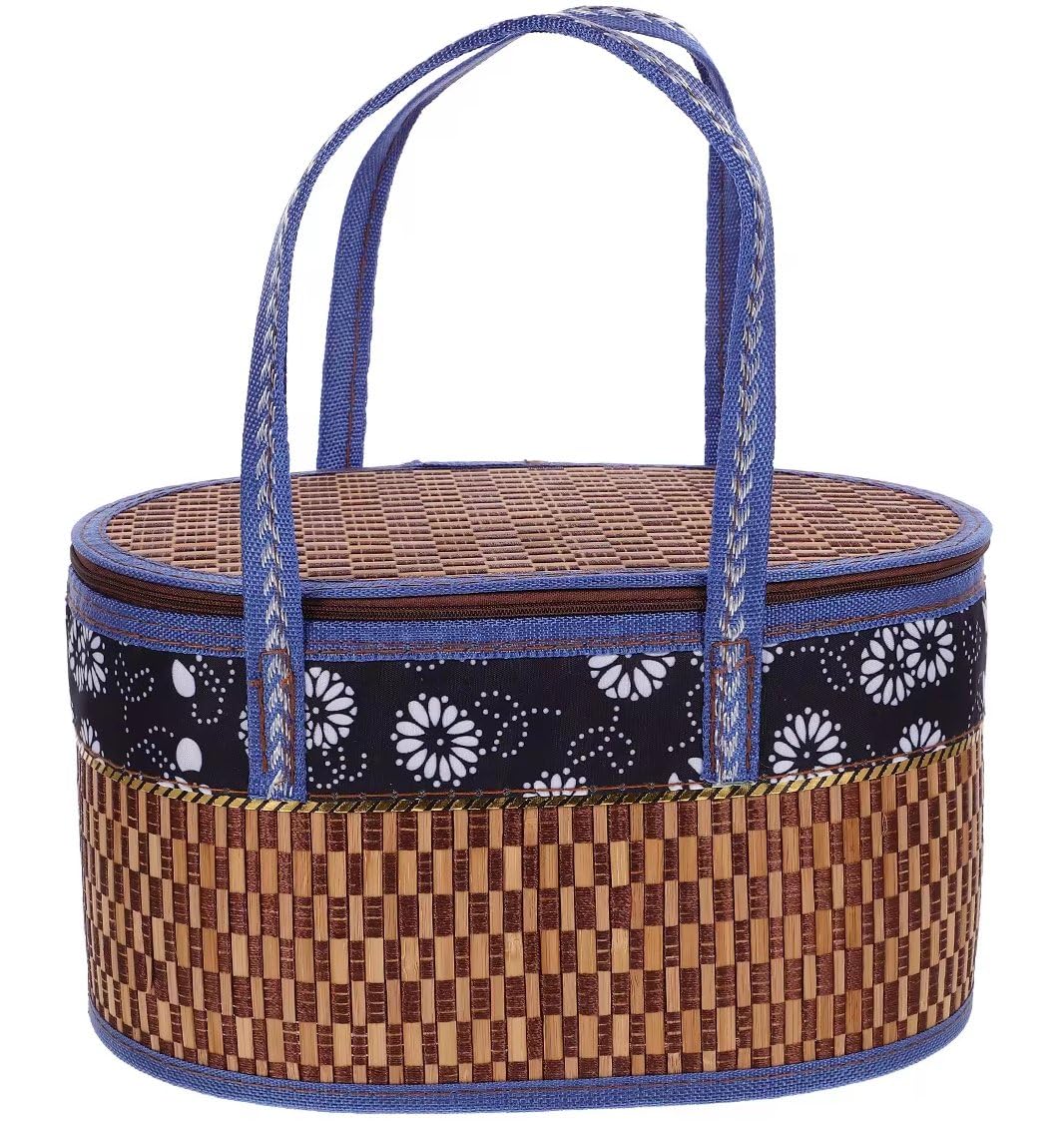 Panier de pique-nique tissé naturel pliable avec couvercle et poignée vintage pour camping