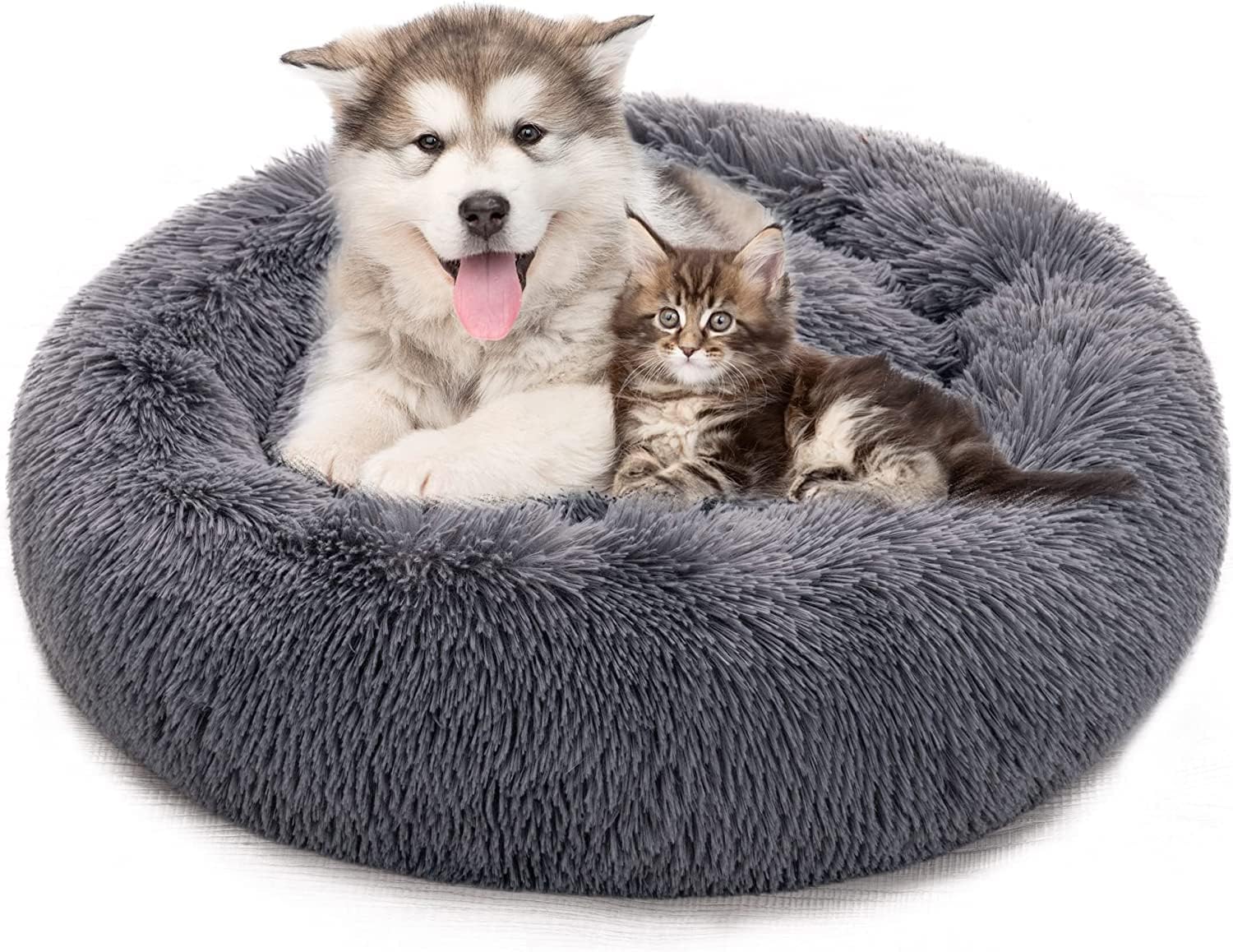 DAN HOMDAN HOM Plush Donut Dog Bed - Cozy Indoor Pet Cushion House, Winter Warmth, Anti-Anxiety Cuddler - Soft and Comfortable for Dogs and Cats, Colour (Grey)(70cm)