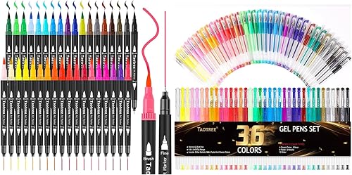 Taotree Paquete de marcadores artísticos de doble punta de 36 colores y bolígrafos de gel con purpurina de 36 colores