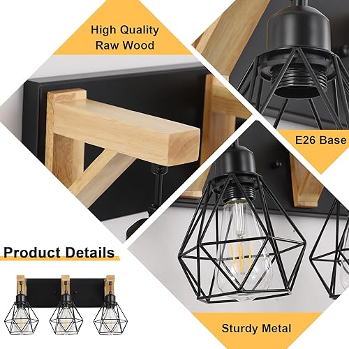 Miniatura 4 de Lámpara de tocador de baño de 3 luces, lámpara de baño de madera, apliques rústicos con elegante pantalla de metal para sala de estar, dormitorio,