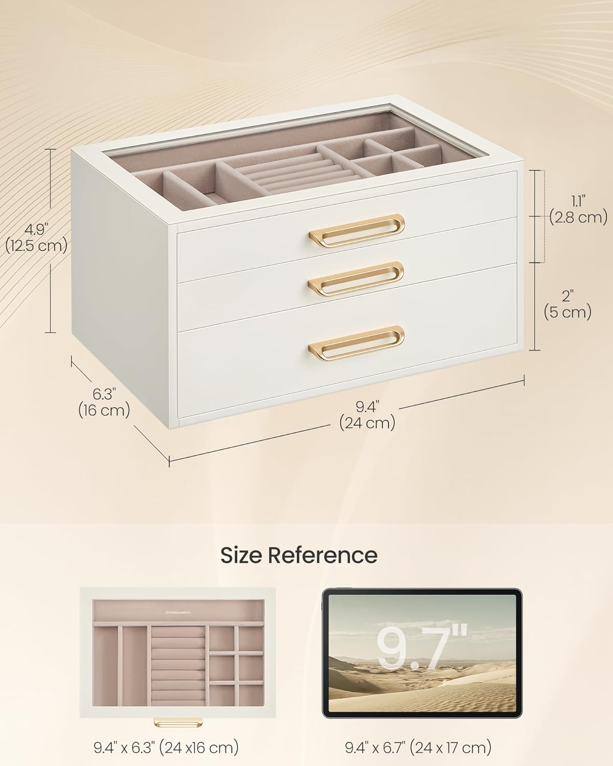 SONGMICS 3-Layer Jewelry Box with Glass Window, Jewelry Storage Organizer with 3 Drawers, Golden Handles, for Rings, Earrings, Bracelets, Gift Idea, Cream White, 6.3 x 9.4 x 4.9 Inches UJBC206WD02S