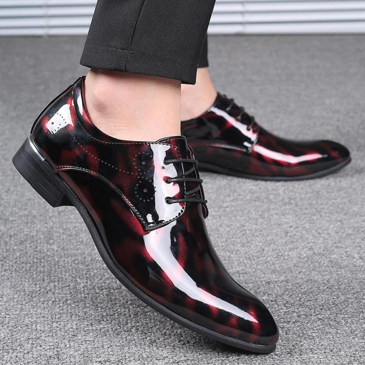 Zapatos De Vestir Cuero Hombre con Cordones - Zapatos De Oxfords Punta Afilada - Charol Estampado Floral for Negocios, Bodas, Fiestas y la Oficina