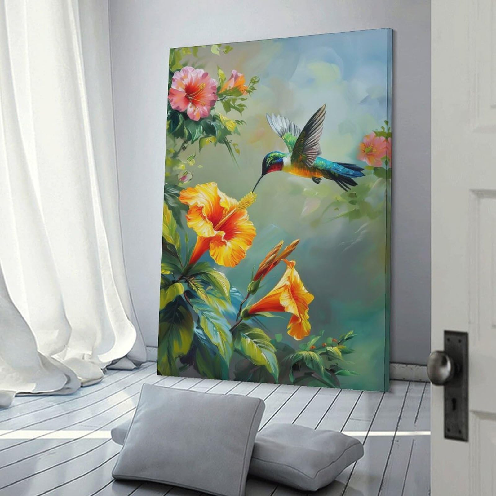 Junmoney Hummingbird And Flowers Decorative Wall Artwork, 12x18inch(30x45cm), for New Homes, Bedrooms Or Workspaces, Gift Idea for Housewarming And Birthdays