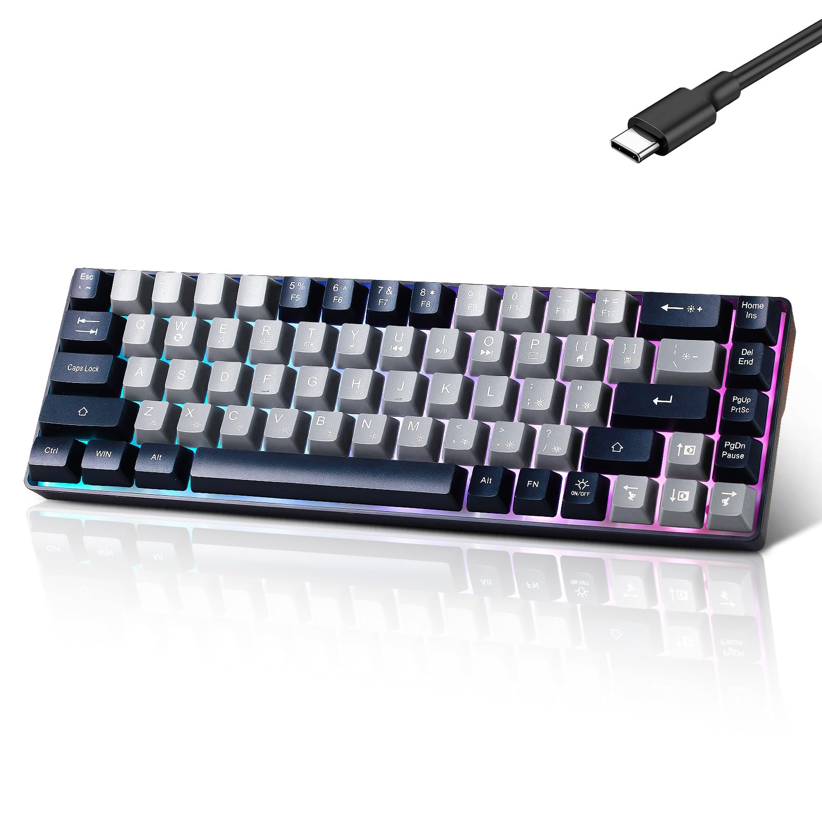 Tastiera da gioco portatile con cavo, 60% meccanica, retroilluminata a LED RGB, compatta, 68 tasti, mini tastiera da ufficio con cavo, per Windows, laptop, PC, Mac, gamer, dattilografi, viaggi di