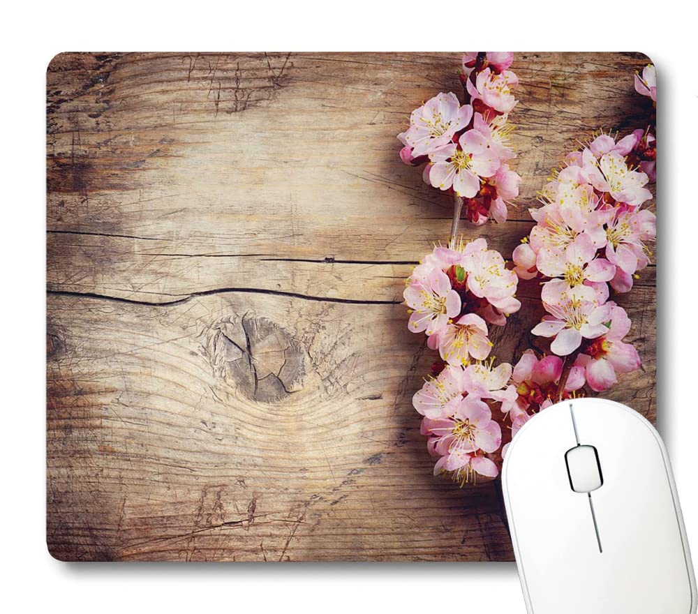 Wknoon Pink Floral Mouse Pad, Spring Blossom on Wooden Table Rustic Wood Grain Romantic Natural Farmhouse Countryside Style Print Mouse Pads