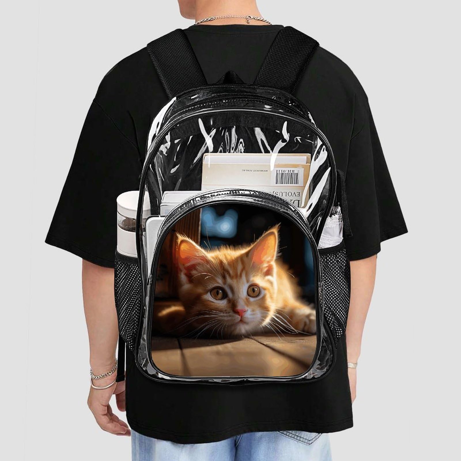 Piccolo zaino trasparente con gatto arancione, grande, in PVC trasparente, per sicurezza, lavoro, viaggi, stadio