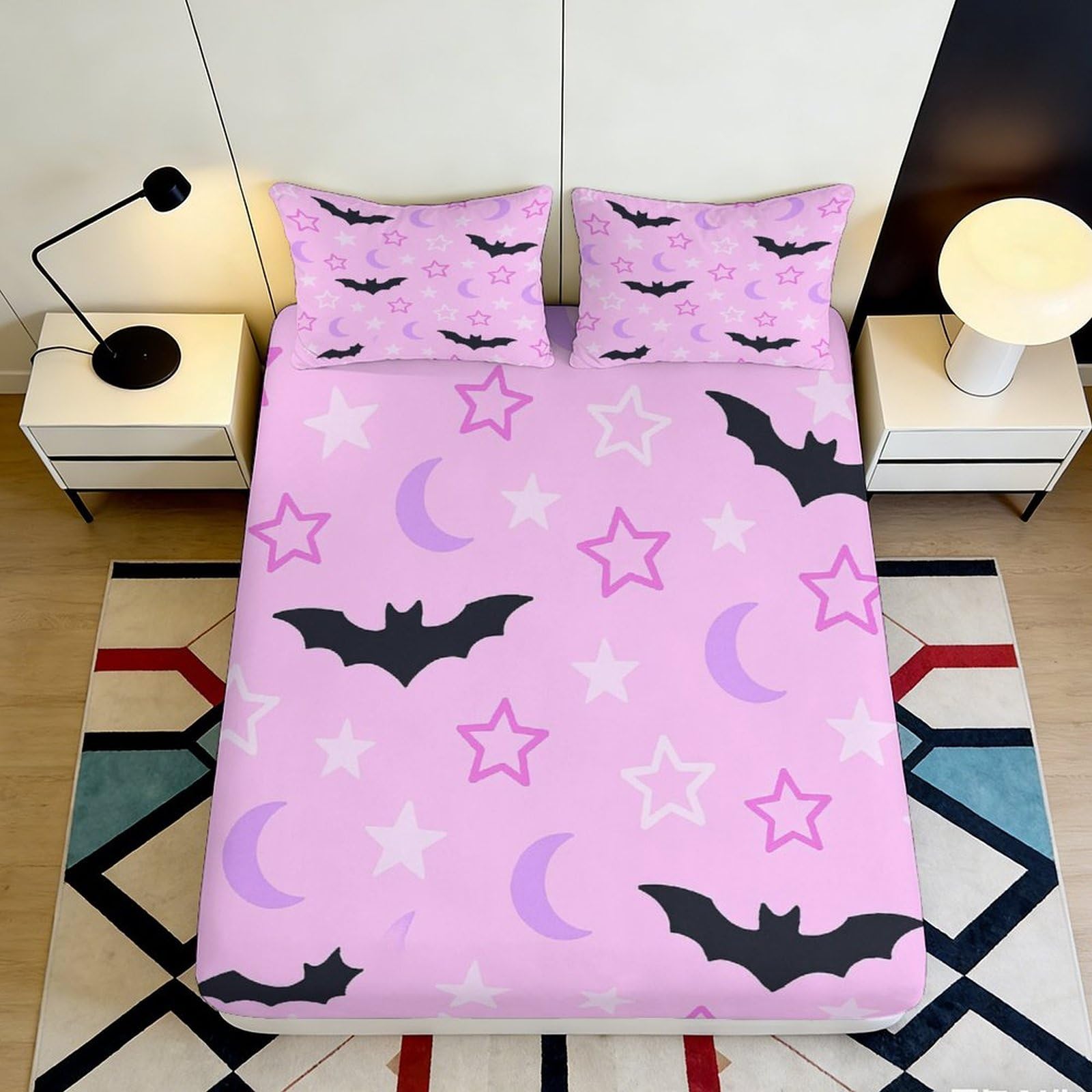 3D Printed Pink Bat Moon Fitted Sheet Microfiber Soft Breathable Star Mattress Cover for Bedroom Dormitory Guest Room Protection Decor 120x200x25cm