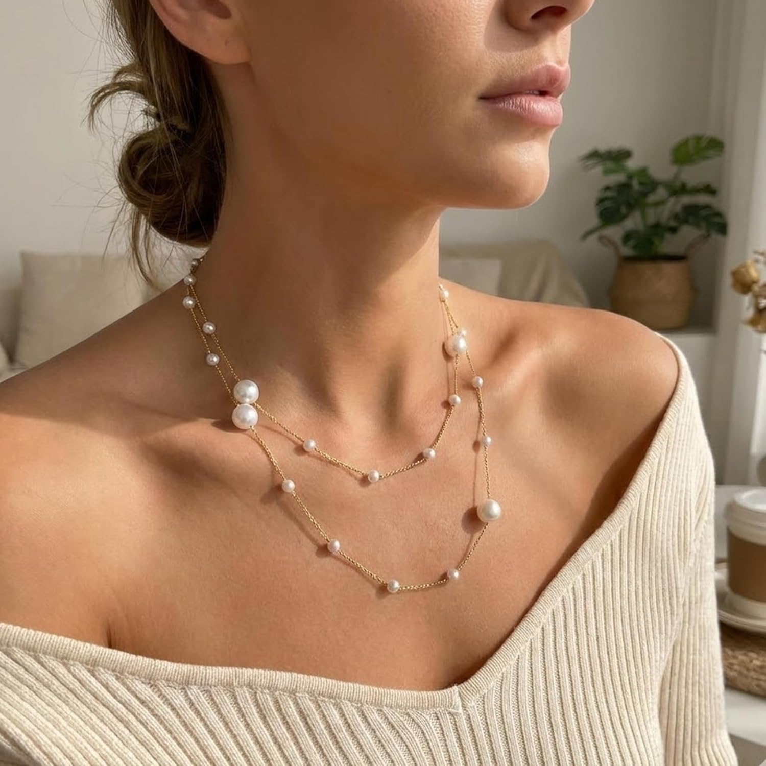 Mchic Gold Pearl Necklaces for Women Trendy: Dainty Layered Necklace 18K Real Gold Plated Waterproof Non Tarnish Chain Choker Stack Simple Necklaces Jewelry Gift for Women - Image 4