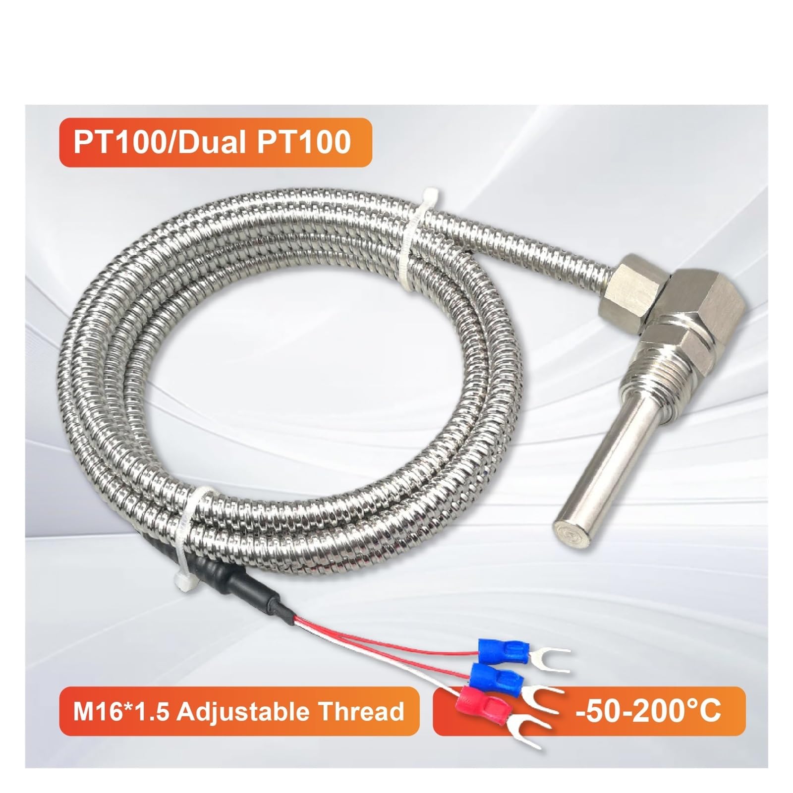 WZPT-D2M16 Sensor de temperatura del rodamiento del motor Sonda PT100 Rosca M16 de ángulo recto -50 a 200 °C Cable de acero inoxidable 1-5 m | Pt100-4M