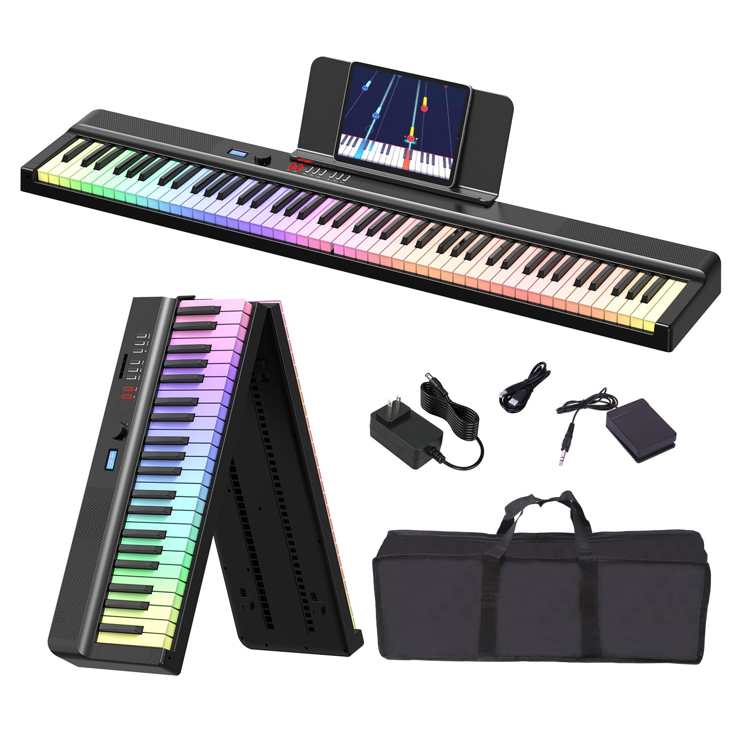 Pianoforte digitale pieghevole, 88 tasti, tastiera semiponderata con tasti luminosi colorati, Bluetooth MIDI E, tastiera portatile per principianti, adulti e bambini