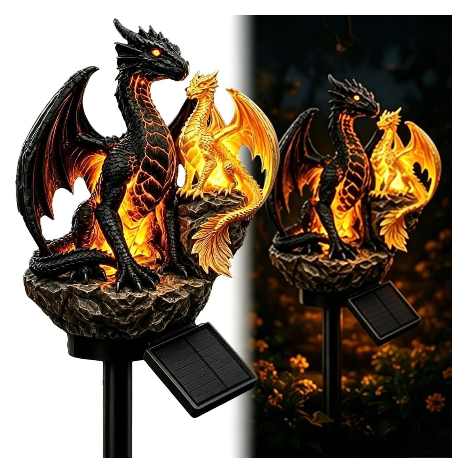 Golden Ember Dragon Solar Garden Light,Gothic Resin Statue Outdoor Lamp