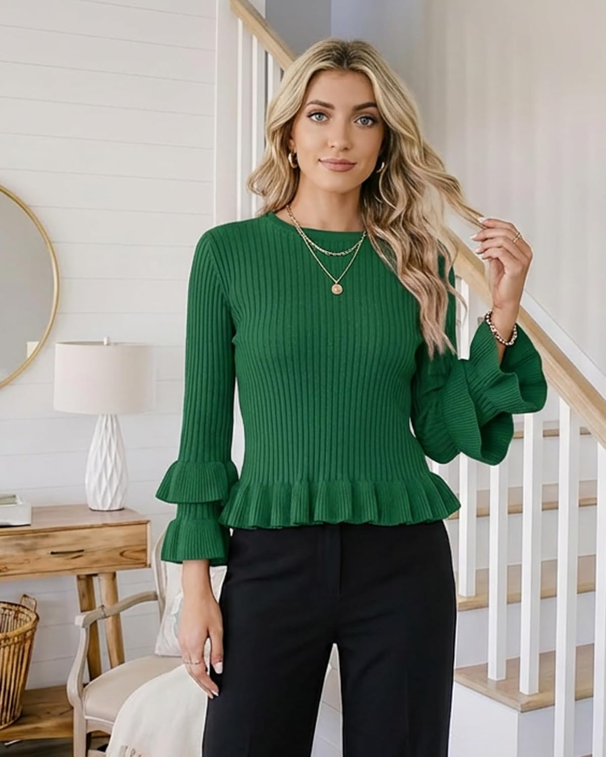 YUNLORIA Womens Fall Crew Neck Ruffle Pullover Sweaters Trendy Casual 3/4 Sleeve Ribbed Knit Sweater Tops - Image 6