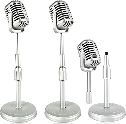 2 piezas de micrófono vintage elevable, modelo retro de utilería de micrófono, falso con soporte, juguete clásico de micrófono antiguo de plástico