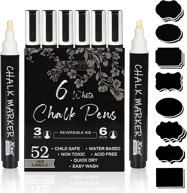 Liquid Chalk Pens,White Chalk Markers for Chalkboard Signs, Windows, Blackboard, Glass,3mm 6mm Reversible Tip with 52 Jar Labels (6 Pack)