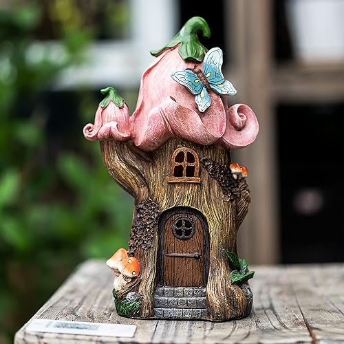 Miniatura 9 de AIINY Estatuas solares de decoración de jardín de 11 pulgadas, esculturas de casas de gnomos de resina grande, decoraciones LED verdes de primavera