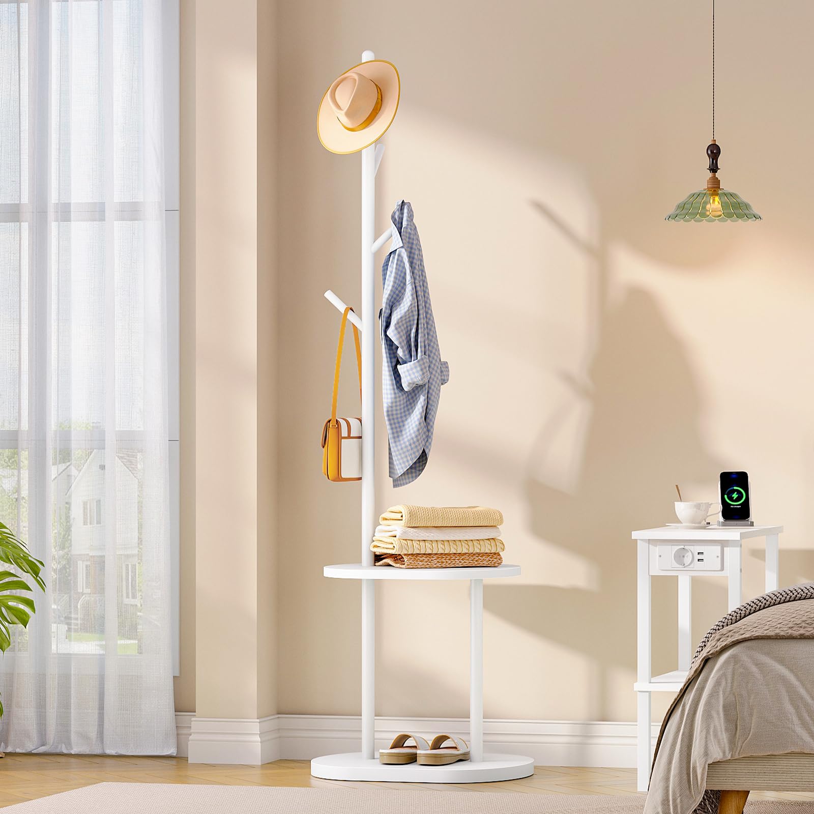 HOOBRO Perchero con 4 Ganchos, Perchero de Pie para Entrada con 2 Estantes, Colgador para Ropa, Sombreros y Bolsos, Adecuado para Dormitorio, Sala y Pasillo, Blanco EWT50YM01