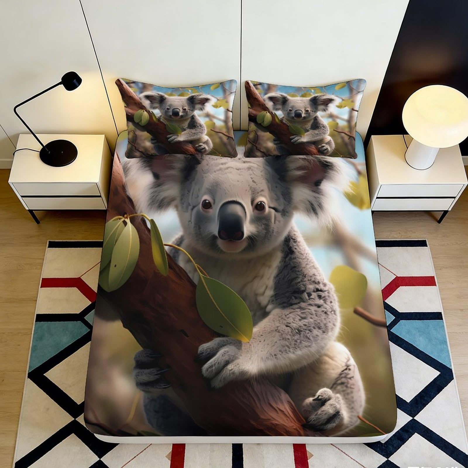 3D Printed Koala Tree Fitted Sheet Microfiber Anti-Slip Cartoon Leaves Mattress Cover Washable Bedroom Decor 90x200x25cm