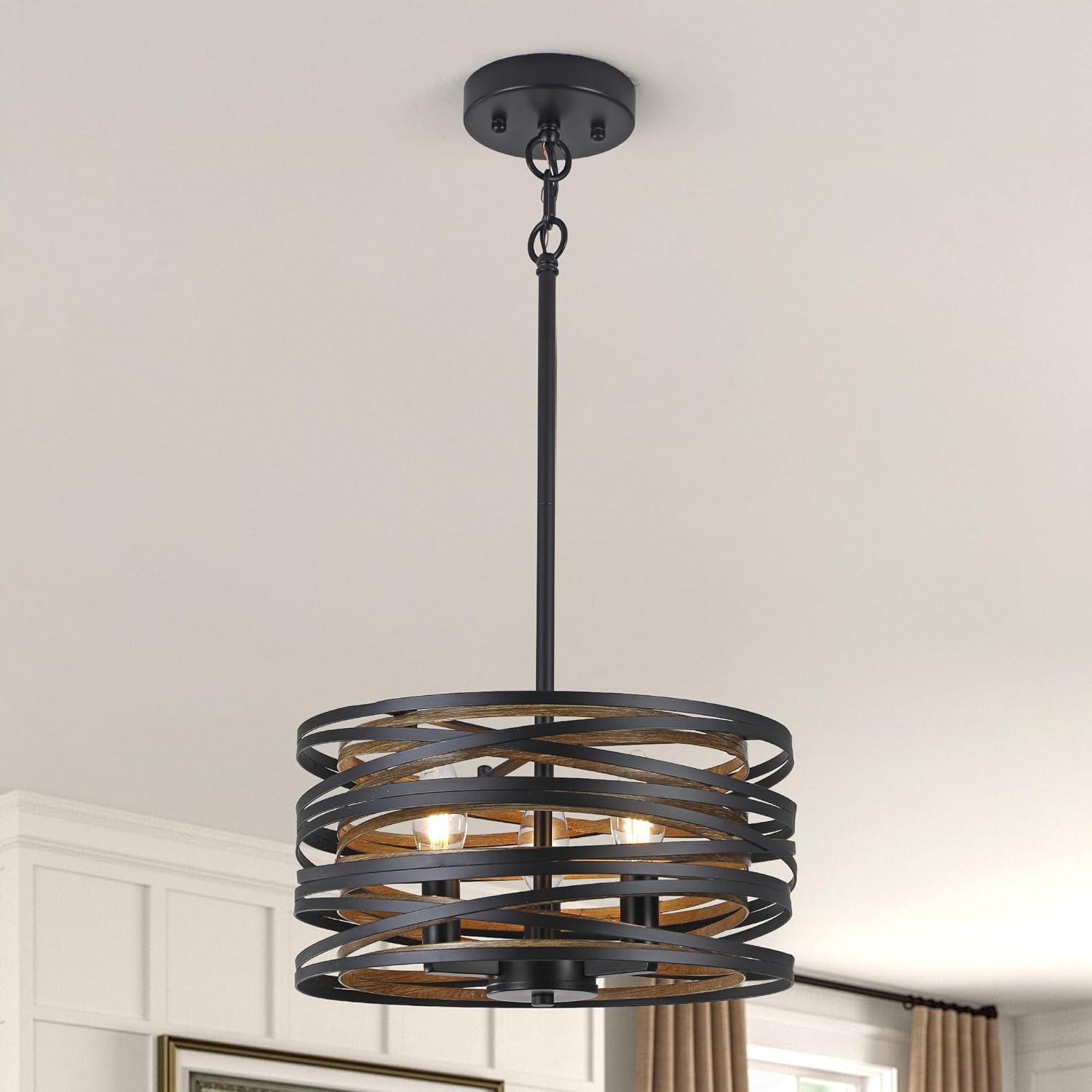 Modern Farmhouse Chandelier – Black Metal 3-Light Hanging Fixture with Wooden Accents, Ideal Dining Room Light Fixture & Kitchen Ceiling Light for Entryway or Living Room
