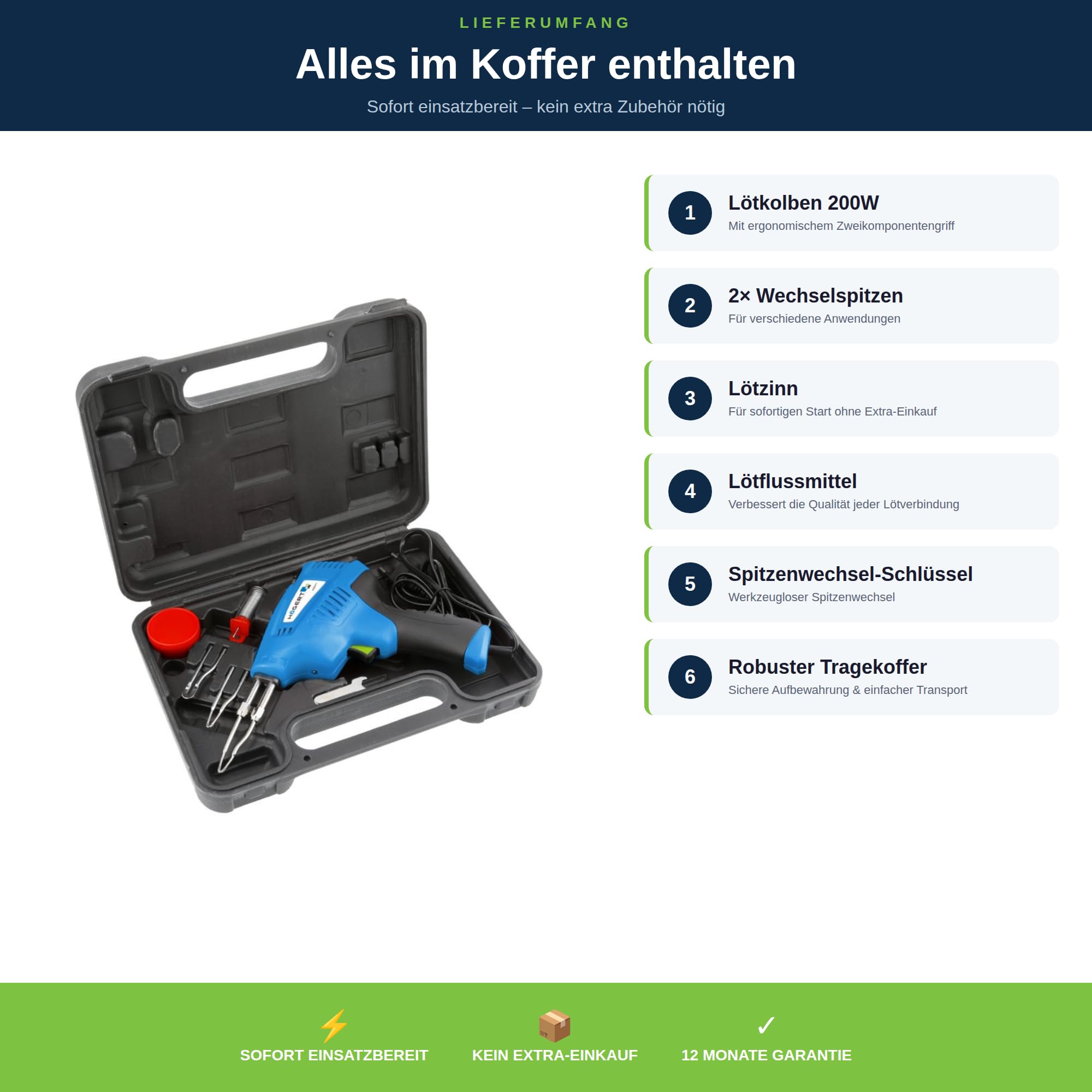 HÖGERT TECHNIK Transformator-Lötkolben, 200W, 3 Temperaturstufen, schnelles Aufheizen, LED-Licht, ergonomischer Griff, inkl. Zubehör & Transportkoffer