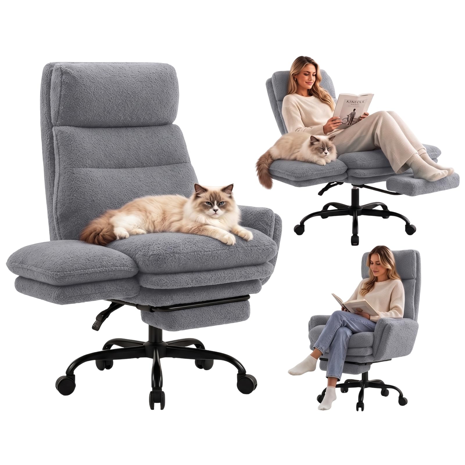 WUPY High Back Office Chair, Teddy Fleece Desk Chair for Long Hours Working, Ergonomic Office Chair with Flip Armrests, Executive Computer Gaming Chair with Footrest & Side Pocket for Study, Grey