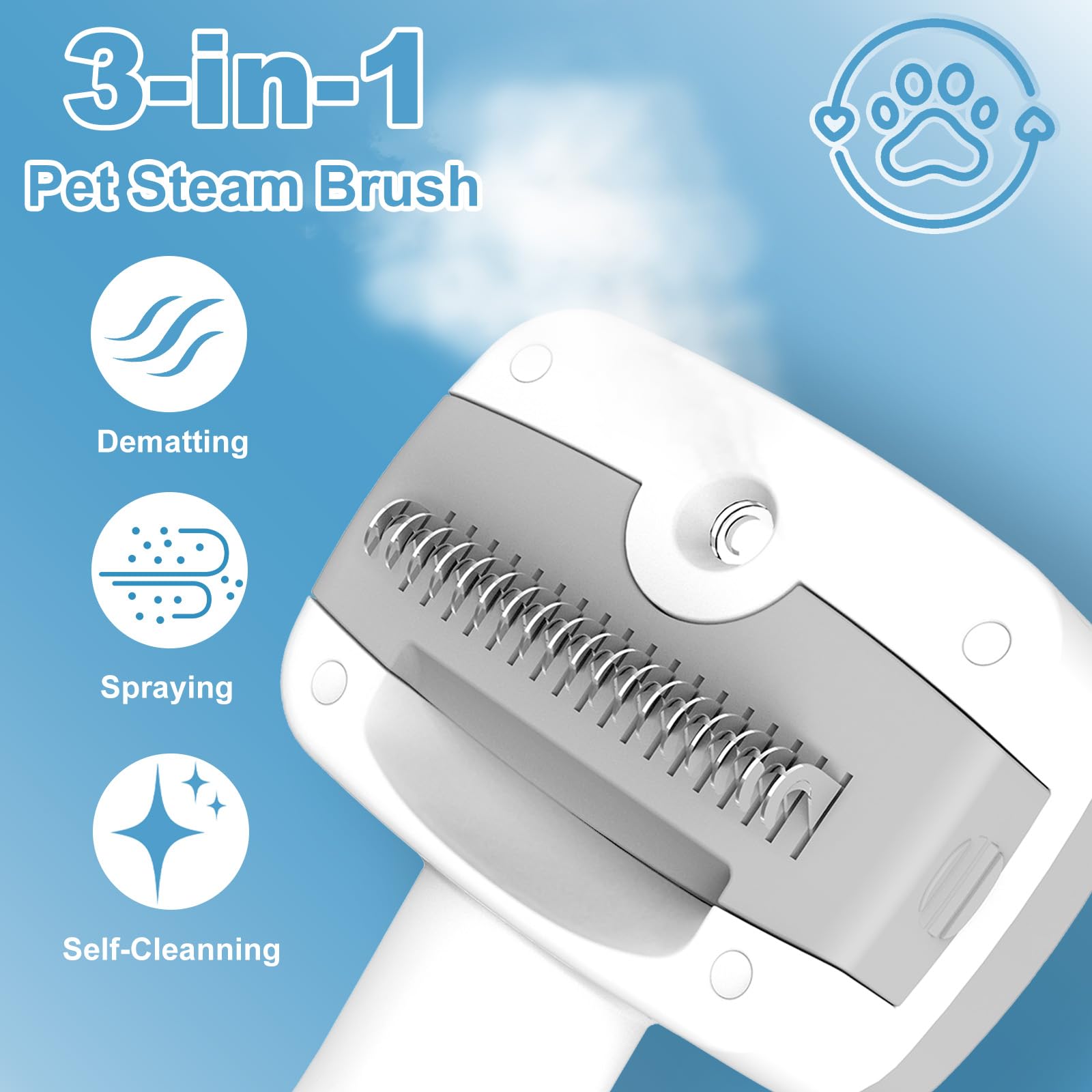 Spazzola a vapore 5 in 1 per cani e gatti, autopulente, 3 spazzole per animali domestici, per levigare, sfoltire, spargere, toelettatura e depilazione, include shampoo e custodia (18,5 cm)