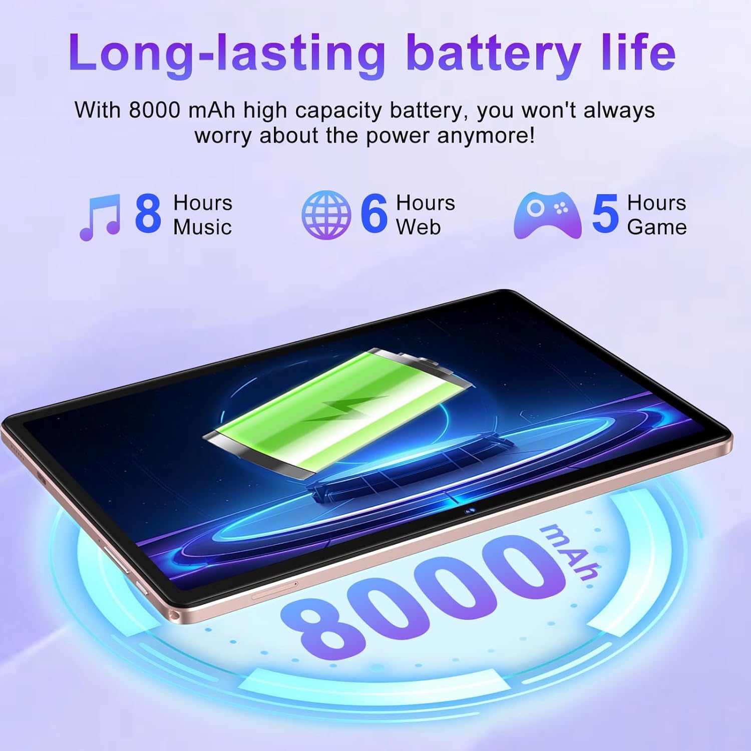 Long-lasting 8000mAh battery life