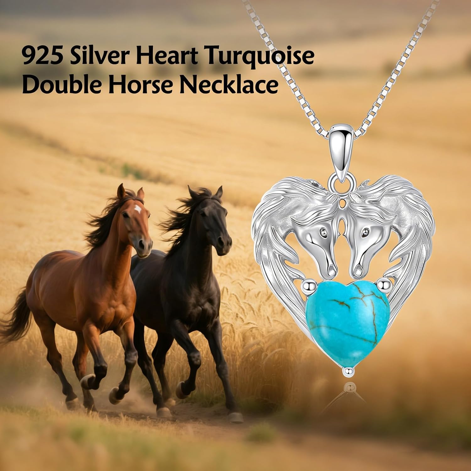 Heart Double Horse Necklace for Women, Sterling Silver Twin Horse with Turquoise/Amethyst Pendant, Equestrian Jewelry for Gift/Daily/Western