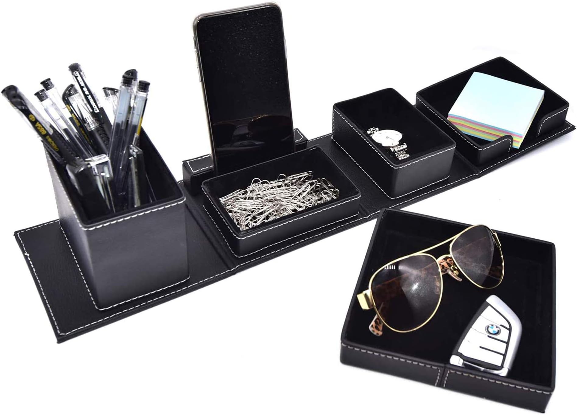 Black Leather Office Supplies, Desk Organizer Storage Boxes and Accessories for Men, Desktop Organization Storage for Business Cards/Stationery/Cards/Pens/Pencils/Mobile Phones/Small Things(Black)