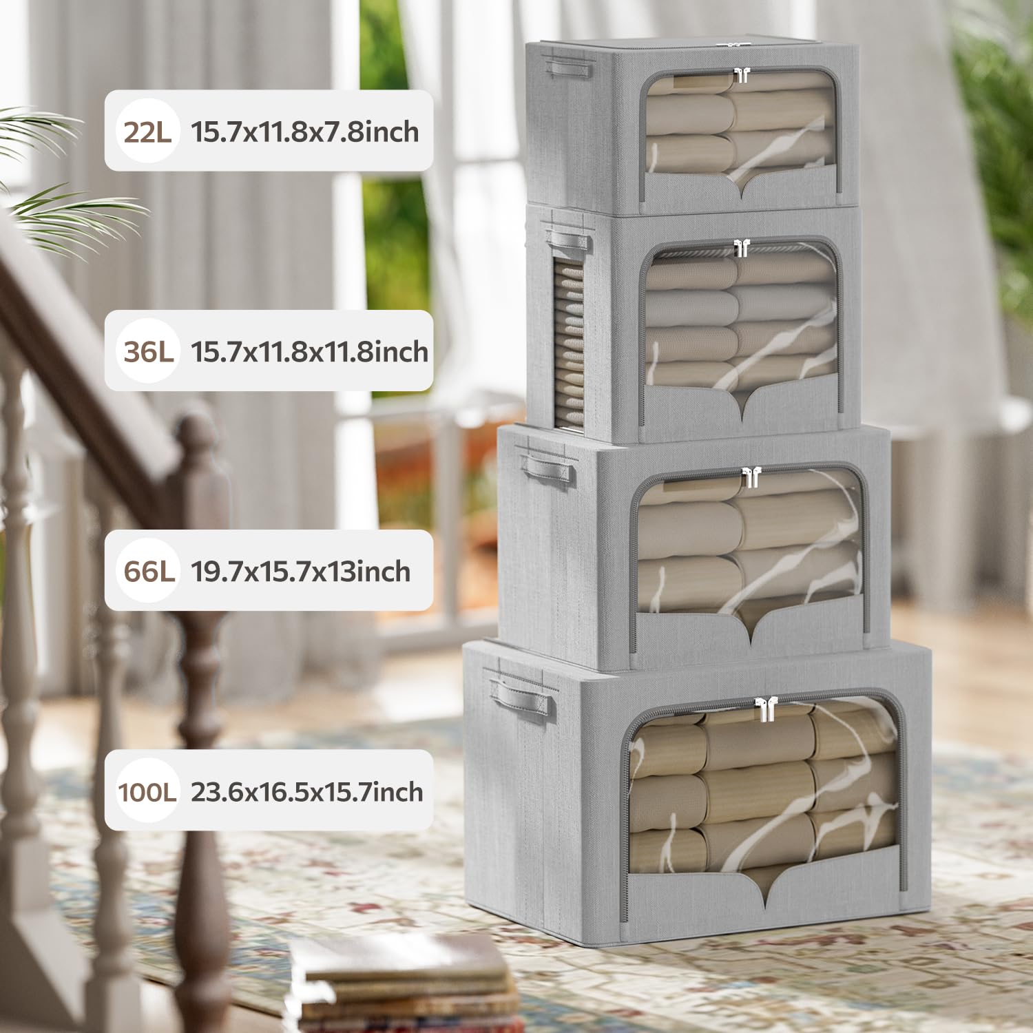 Set di 3 contenitori per vestiti, pieghevole, con telaio in metallo, impilabile, in tessuto di lino, con maniglie per il trasporto e finestra trasparente (grigio chiaro, 39,9 x 30 x 30 x 30 cm (36L))