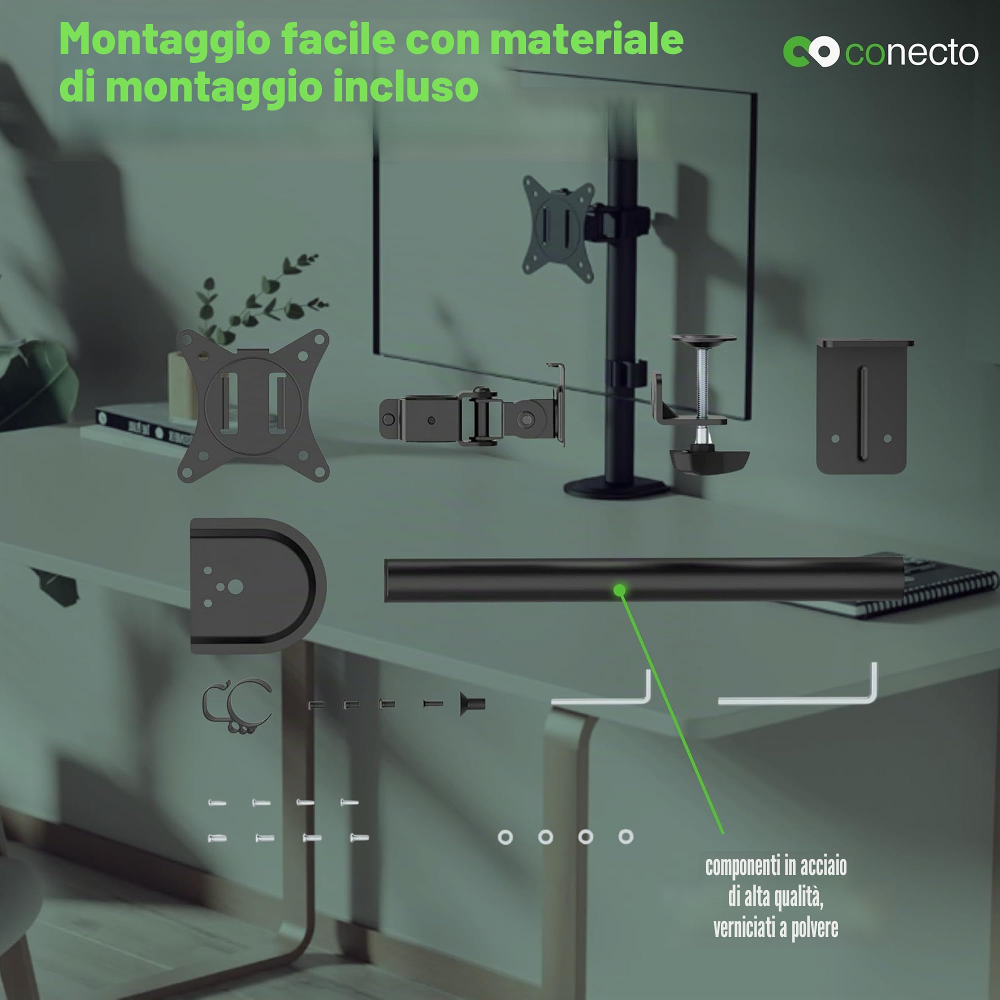 conecto Supporto per monitor regolabile in altezza per 1 schermo da 17 a 32 pollici, inclinabile e orientabile, VESA 75 e 100, supporto da tavolo, supporto per schermo, nero