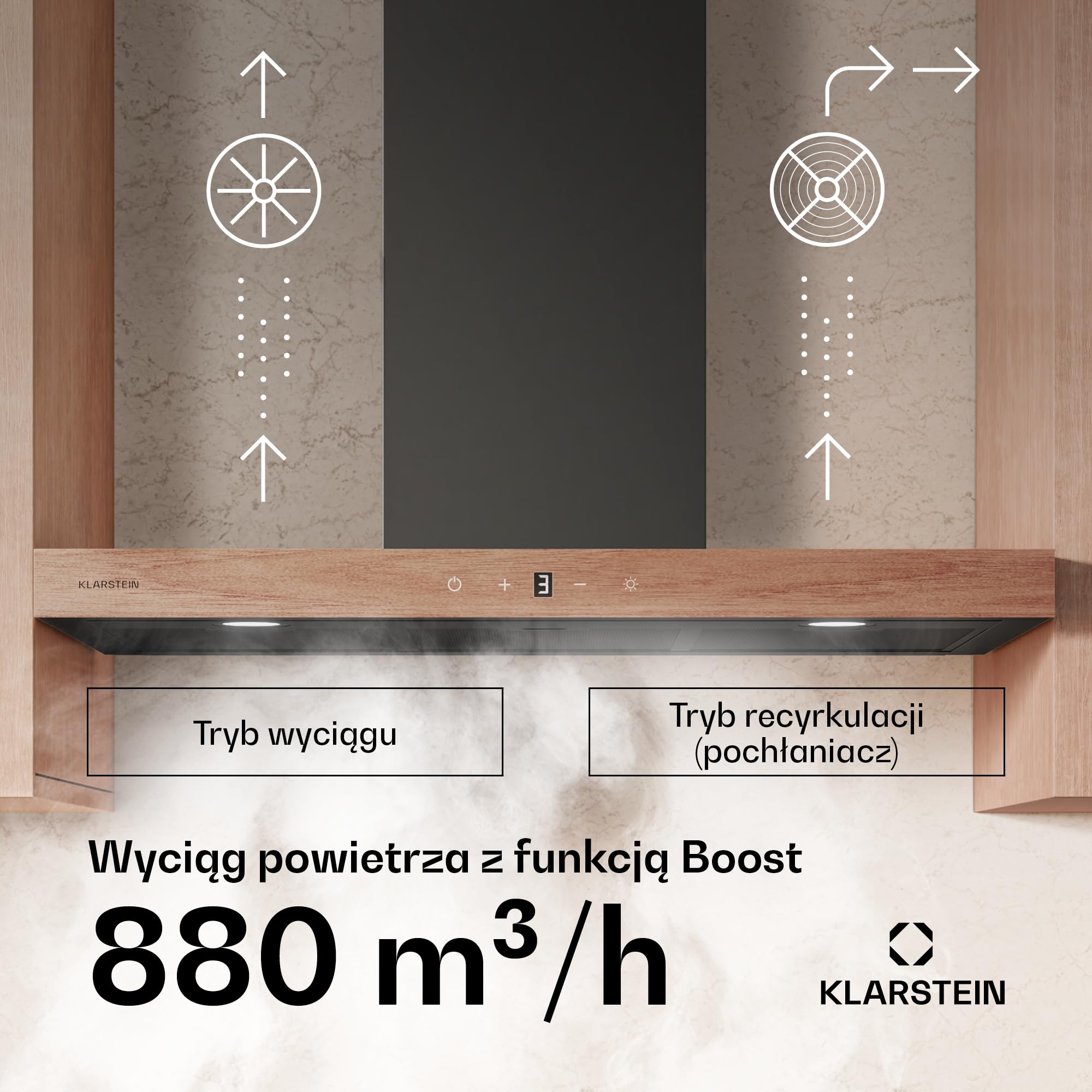Klarstein ZenFusion T okap kuchenny – montaż ścienny 90 cm, tryb Boost 885 m³/h, klasa efektywności energetycznej A++, LED 4000 K, obsługa dotykowa, cicha praca 47 dB, wywiew i obieg, czarny