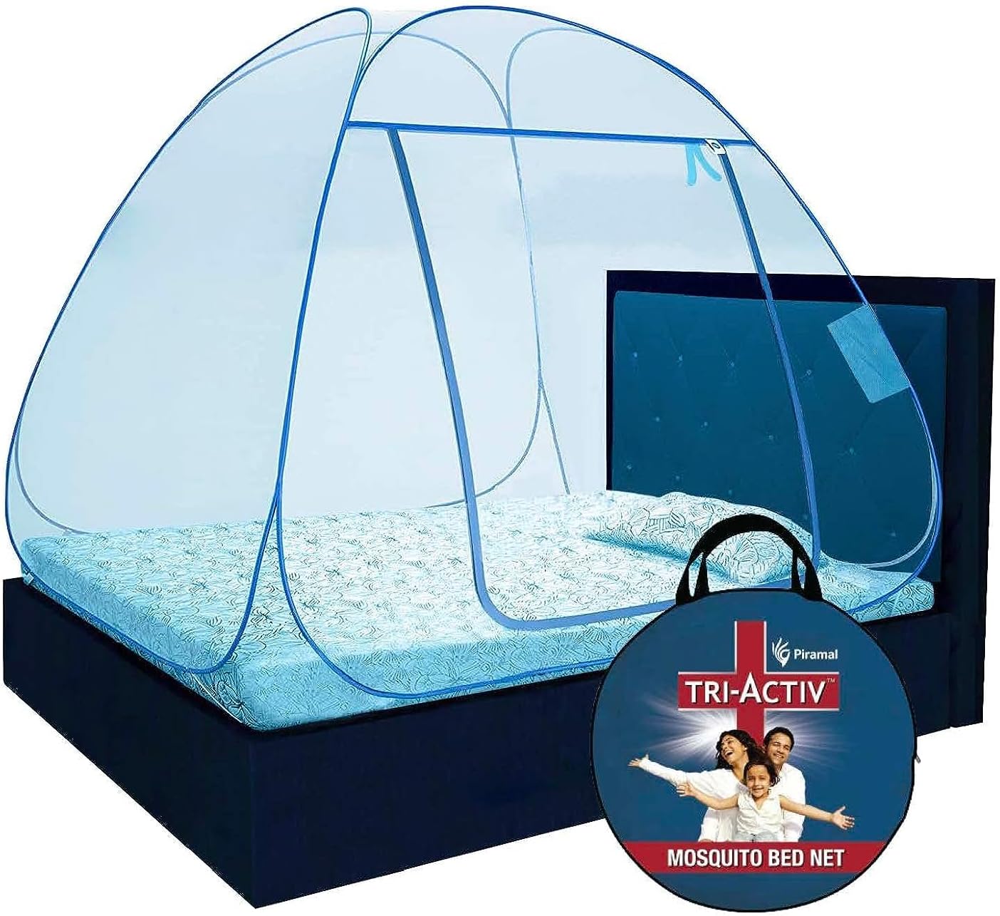 Tri-Activ Mosquito Net for Single Bed I Premium Machardani by Piramal I 30 GSM I Outdoor I Strong and Durable I Pop-up Format I Foldable I Corrosion Resistant, Blue Pack of 2