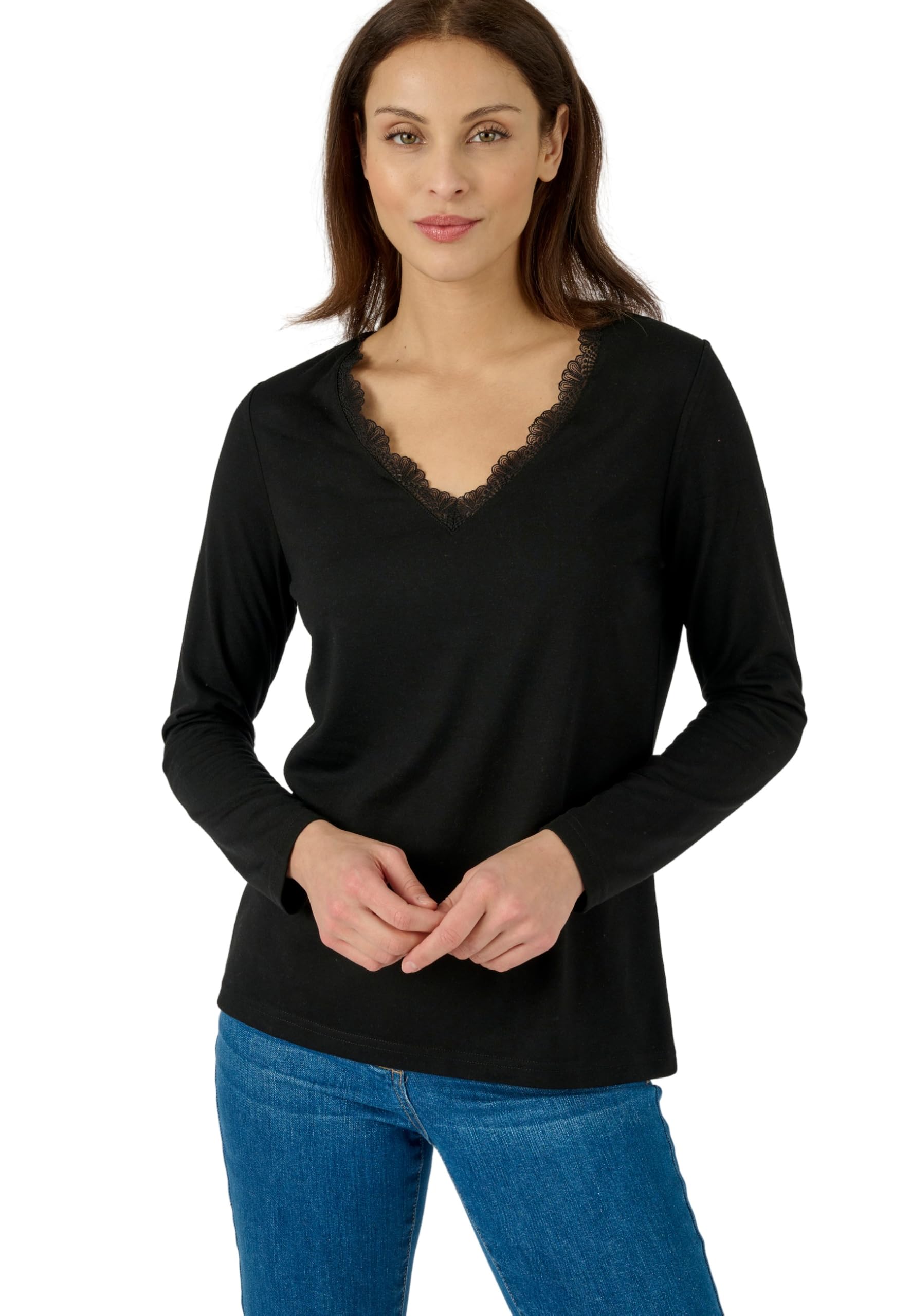 Damart - Long Sleeve Lace Trim T-Shirt, Black, L