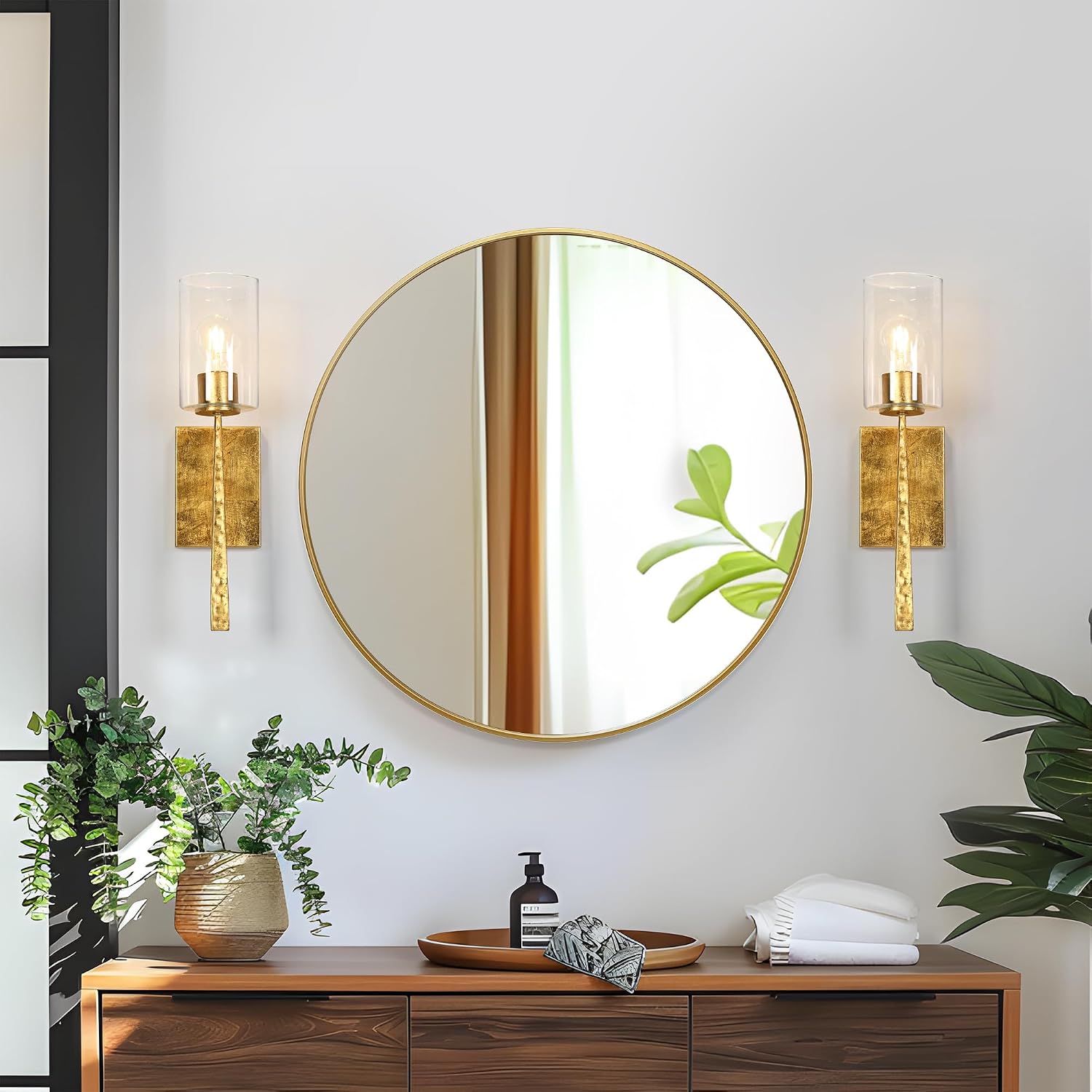 Gold Wall Sconce, 1-Light Modern Sconce Wall Lighting with Clear Glass Antique Gold Foil Wall Mounted Lights for Bedroom, Living Room, Hallway, Entryway
