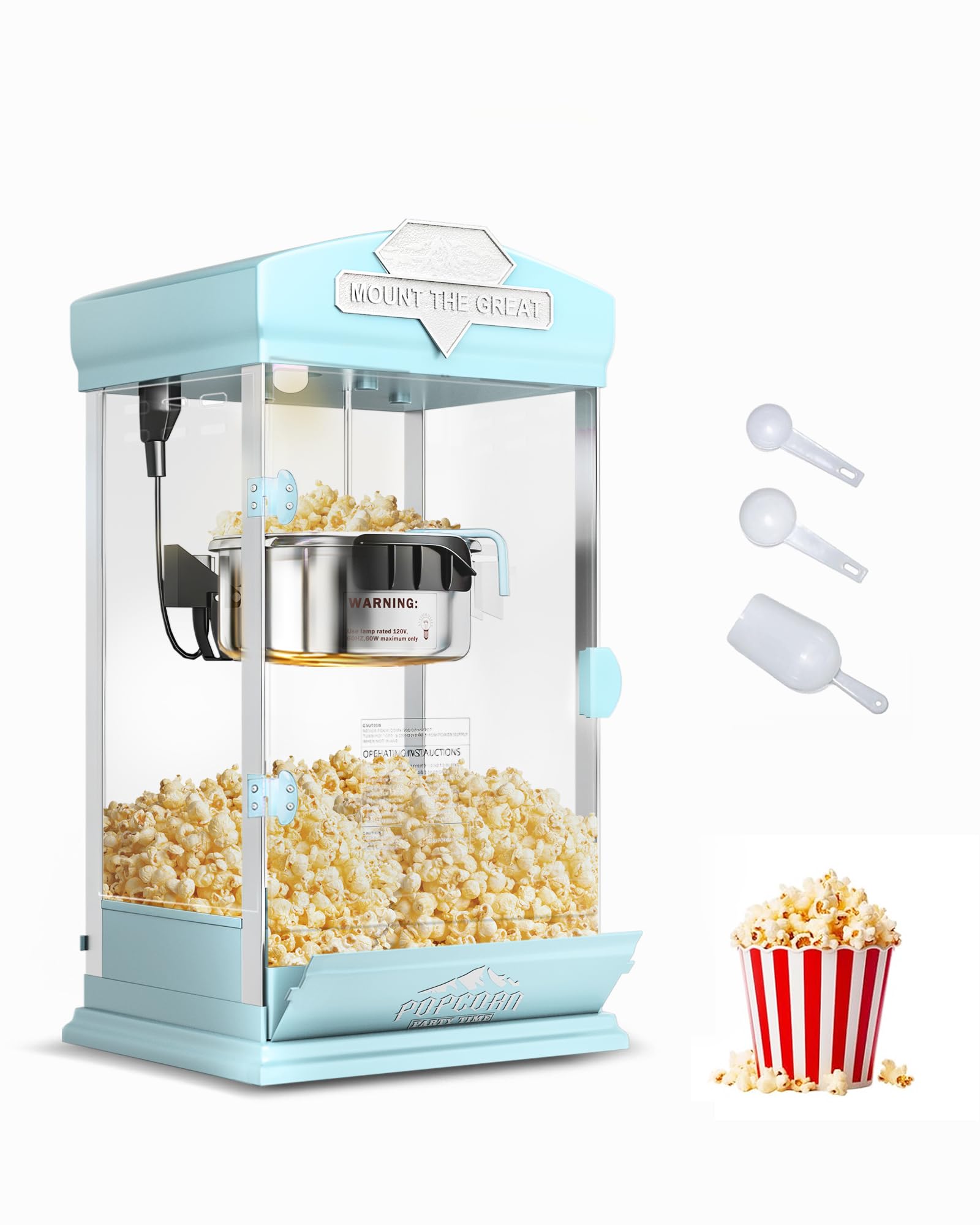 8 Oz Popcorn Machine, Tabletop Popcorn Maker, Countertop Pop Corn Machine Makes Up to 32 Cups, Movie Theater Popcorn Popper Machine with Stainless-Steel Kettle for Home Family, 300 W, Cyan