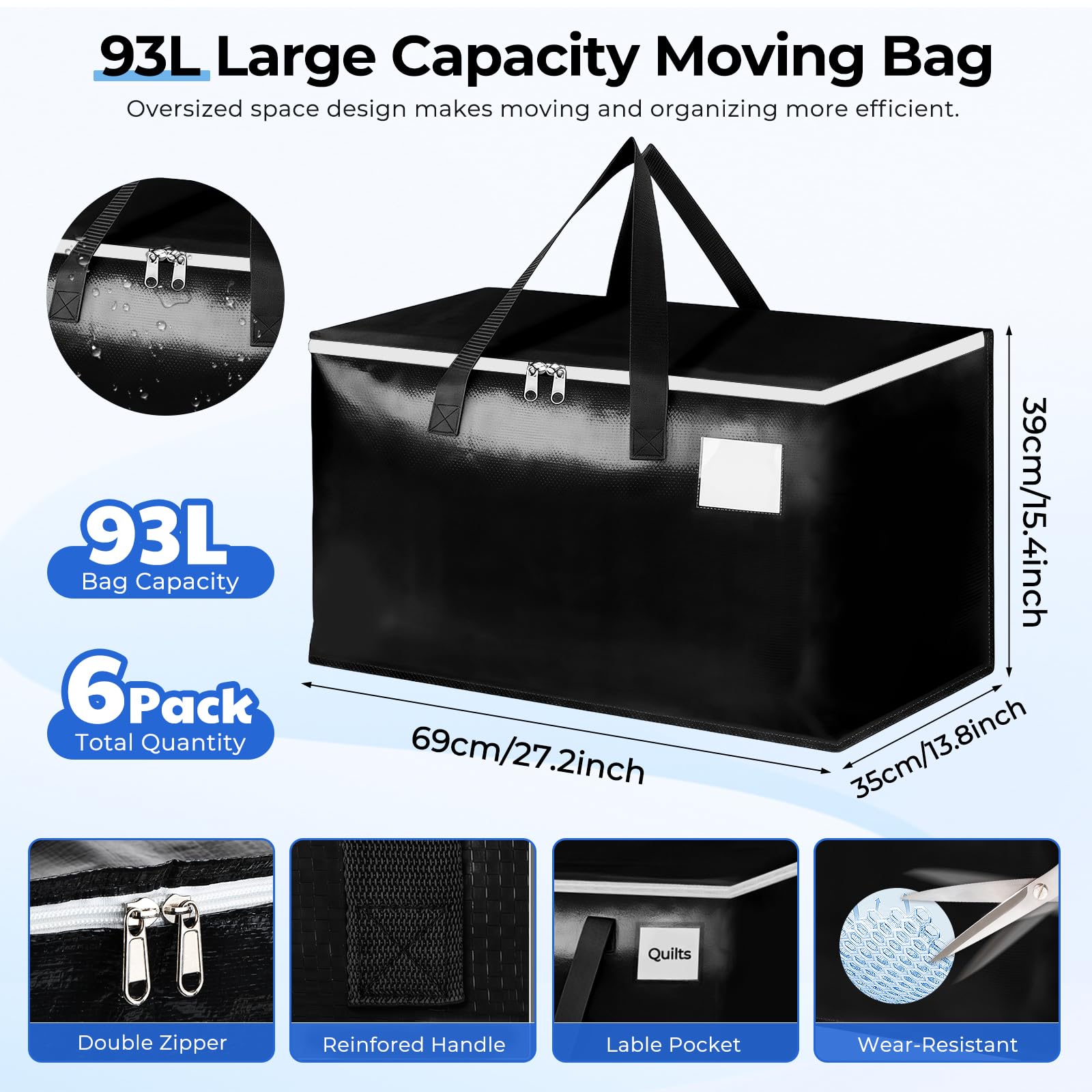 93L Bolsas Mudanza, 6 Piezas Bolsas de Mudanza con Cremallera y Asa, Impermeable Grande Bolsa de Almacenamiento, Organizador de Ropa, Bolsa Extra Grande para Mudanza y Viaje (Negro)