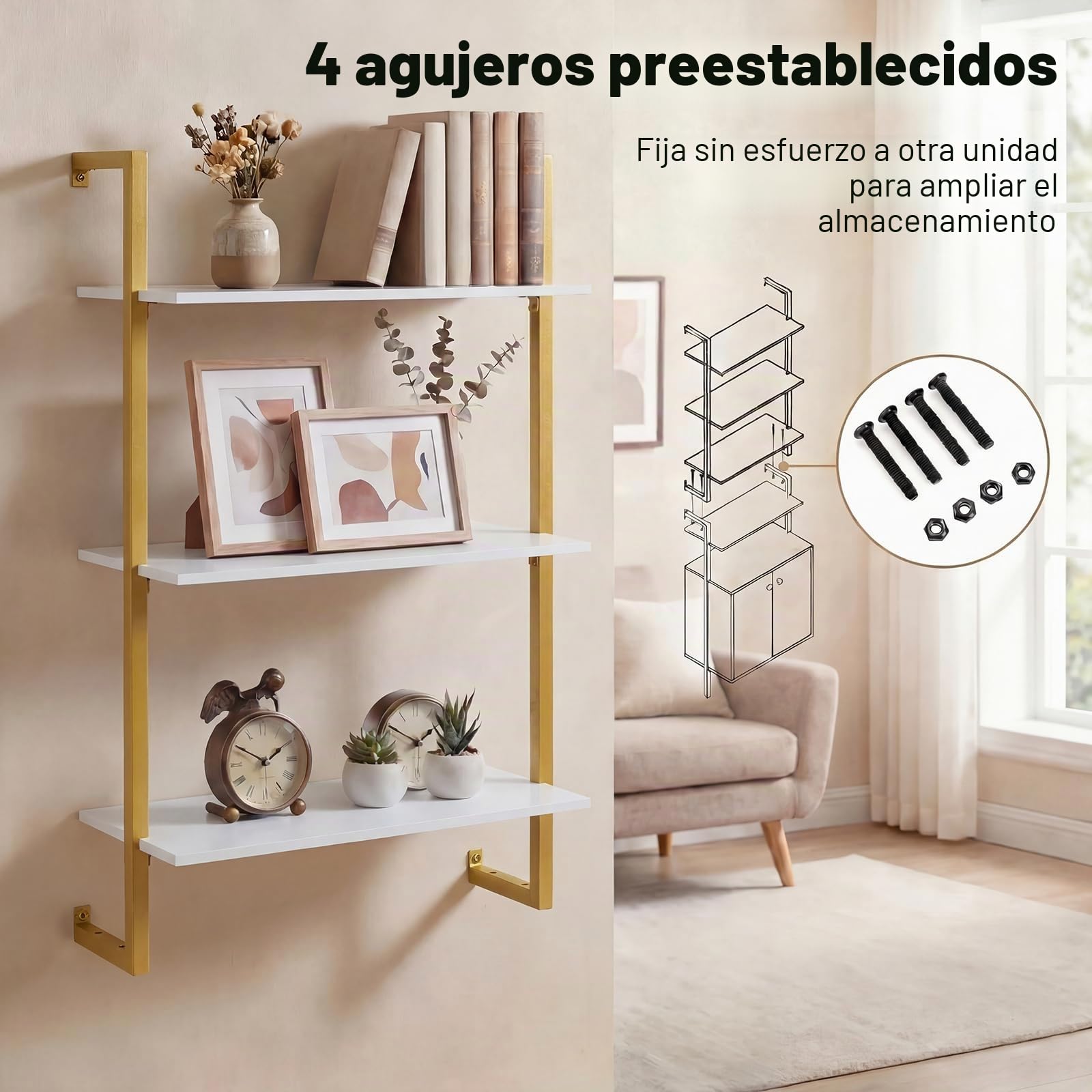 KOMFOTTEU Estantería de Pared de 3 Niveles, Estante de Almacenamiento Suspendido con Estructura Metálica, Mueble Organizador para Oficina, Cocina, Salón, 53 x 23 x 90 cm (Dorado y Blanco)