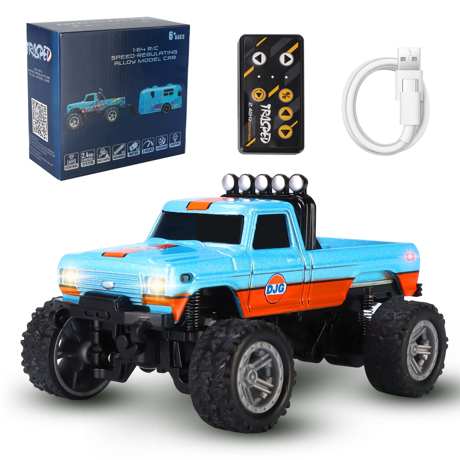 hehred Mini RC Truck,1:64 Scale Monster Truck Remote Control Car with Lights, 2.4Ghz Remote Control RC Car and Trailer, Speed and Steering Adjustable