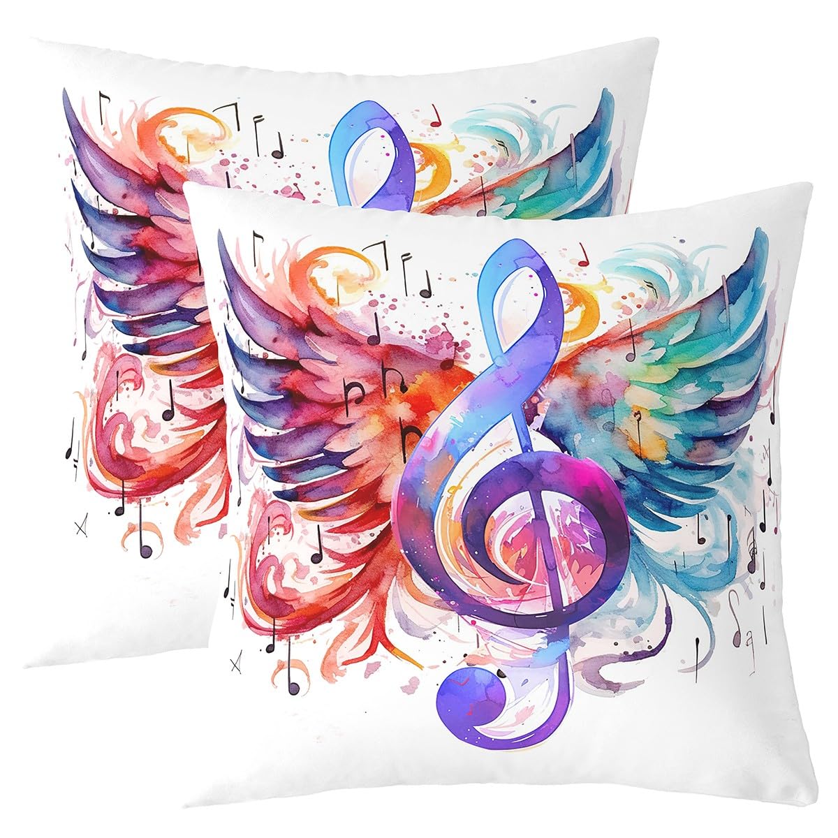 Colorful Music Notes Pillow Covers for Bedroom Watercolor Wings Pillow Covers Modern Musical Lover Pillowcase Cushion Case Animal Feather Outdoor