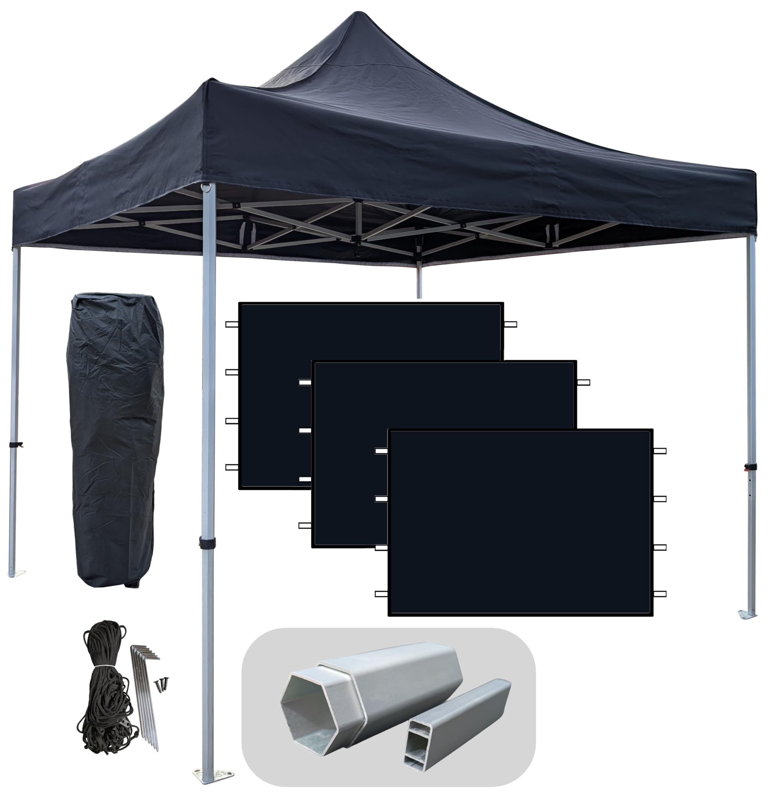 Profi-ZELTE.DE Alu Faltpavillon Hexagon 3x3m Alurahmen Hexagon 40mm, 100% wasserdicht (Schwarz, inkl. 3 Seitenteile) Sport & Freizeit