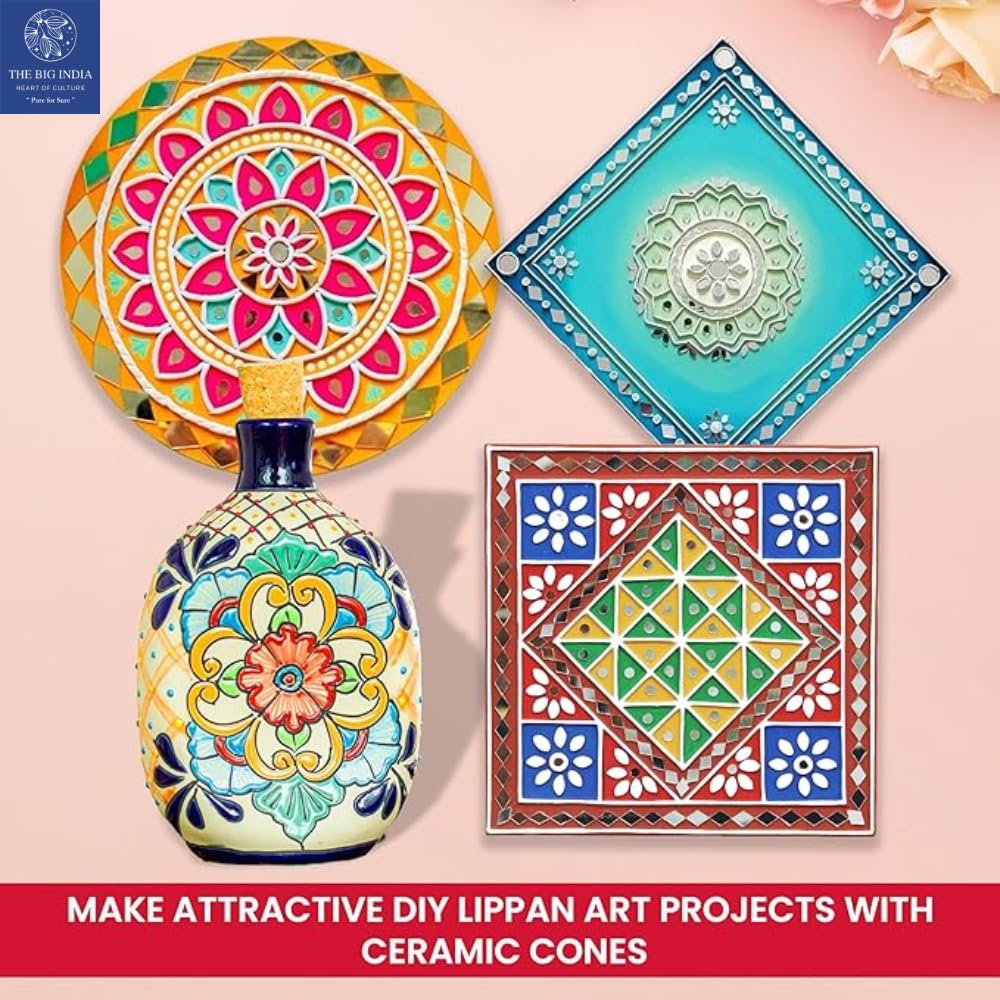 Big India 6 Variety Mirrors & 4 Ceramic Clay Cones For Crafts, Lippan, Mud, Fabric, Mandala Art (6 Mirror & 4 Cone), Multi Color 2