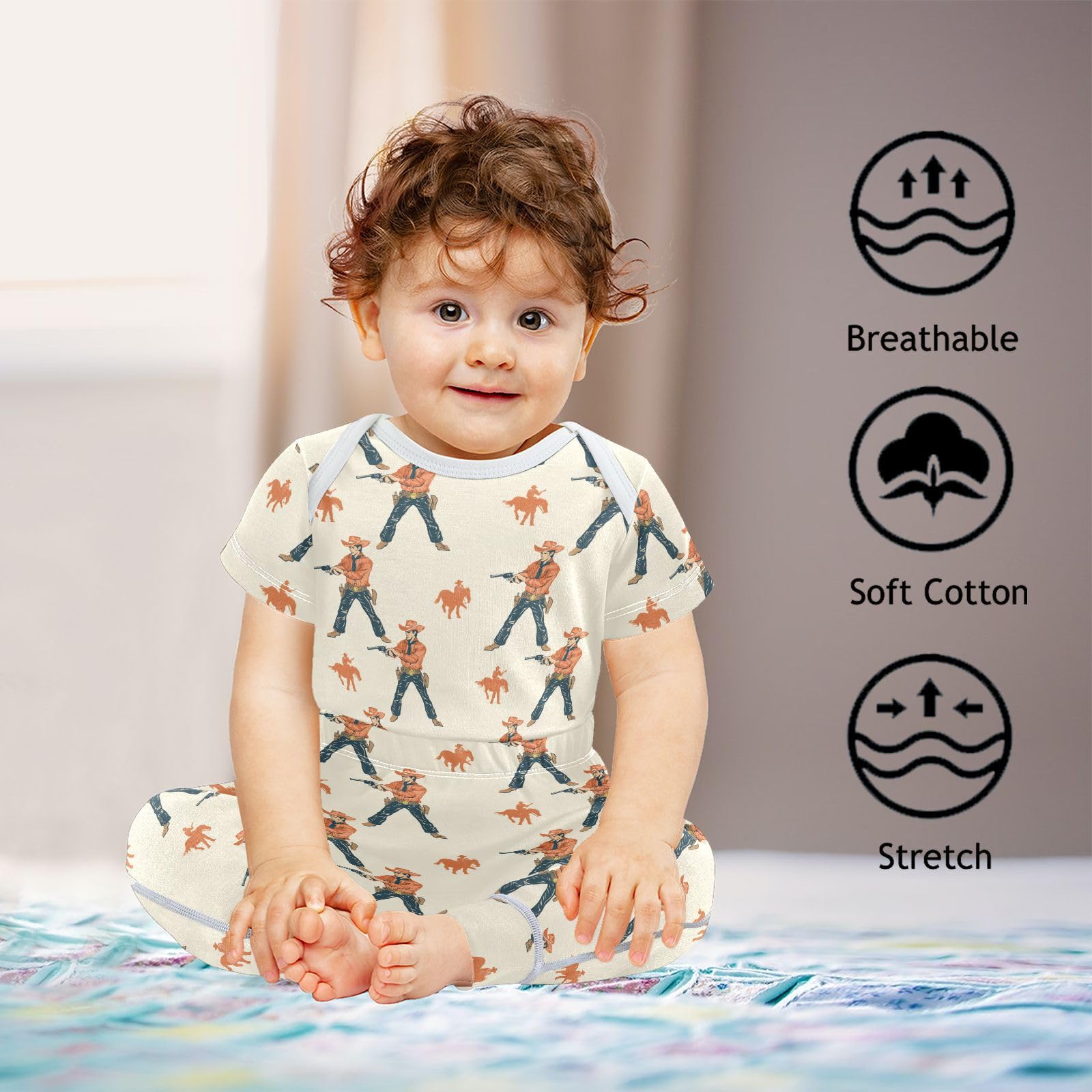 vvfelixl Western Cowboy Baby Layette Sets,Baby Bodysuits Set Unisex Short Sleeve Babys Pants Sets 9-12M