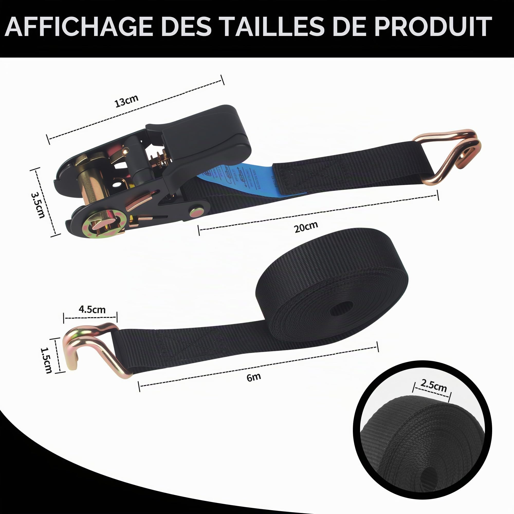 4 Pièces Sangles à Cliquet avec Crochet, Sangle Crochet, Sangles d'Arrimage, Adapté au Déménagement, aux Chariots, aux Motos, aux Bagages, au Camping, à La Sécurisation du Chargement, 6m x 25 mm, Noir