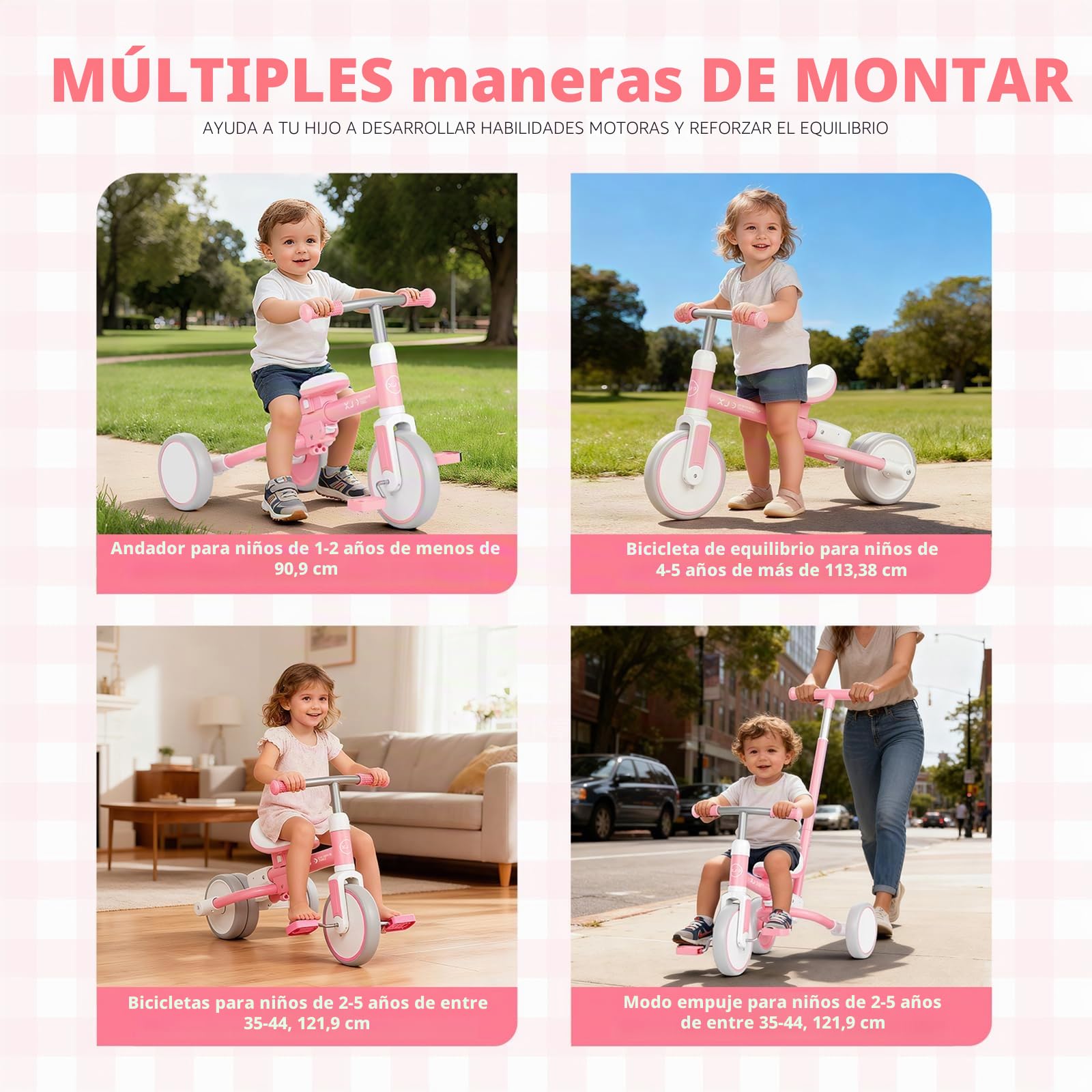 XJD Triciclo para niños a Partir de 1, 2, 3 años, Bicicleta para niños pequeños 5 en 1 con Mango de Empuje Ajustable, Rueda de Correr, Asiento Ajustable y Pedales Desmontables, Regalo de cumpleaños