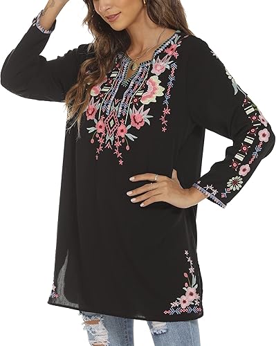 Miniatura 4 de Grosy Túnica bohemia bordada, ajuste holgado, manga larga, estilo campesino mexicano, tallas grandes, estilo bohemio, ropa hippie