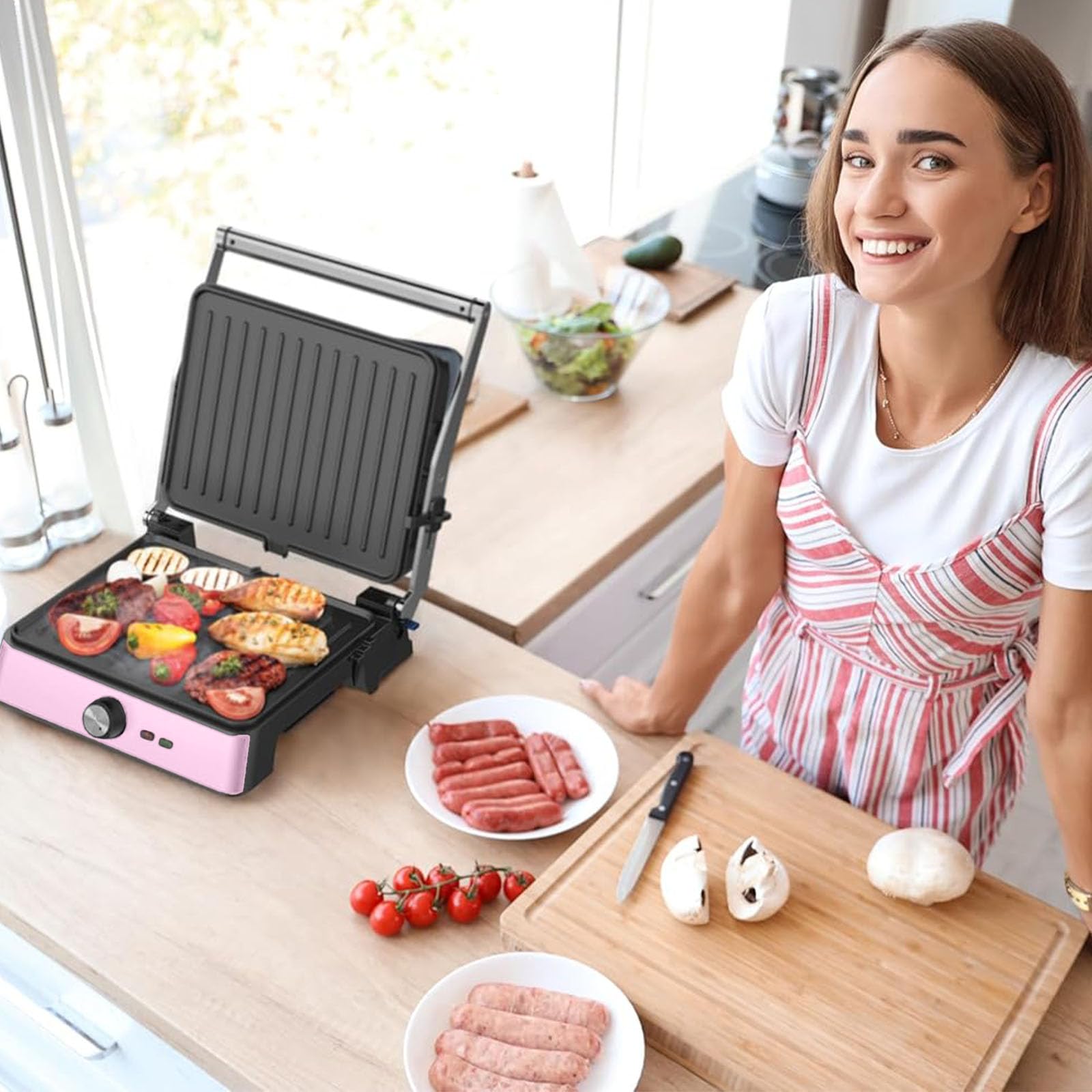Westinghouse Rétro Gril de Contact 29×24 cm, Ouverture à 180°, 2200 W, Température Réglable, Grill à Panini, Grille-Pain, Plaques Antiadhésives, Rose