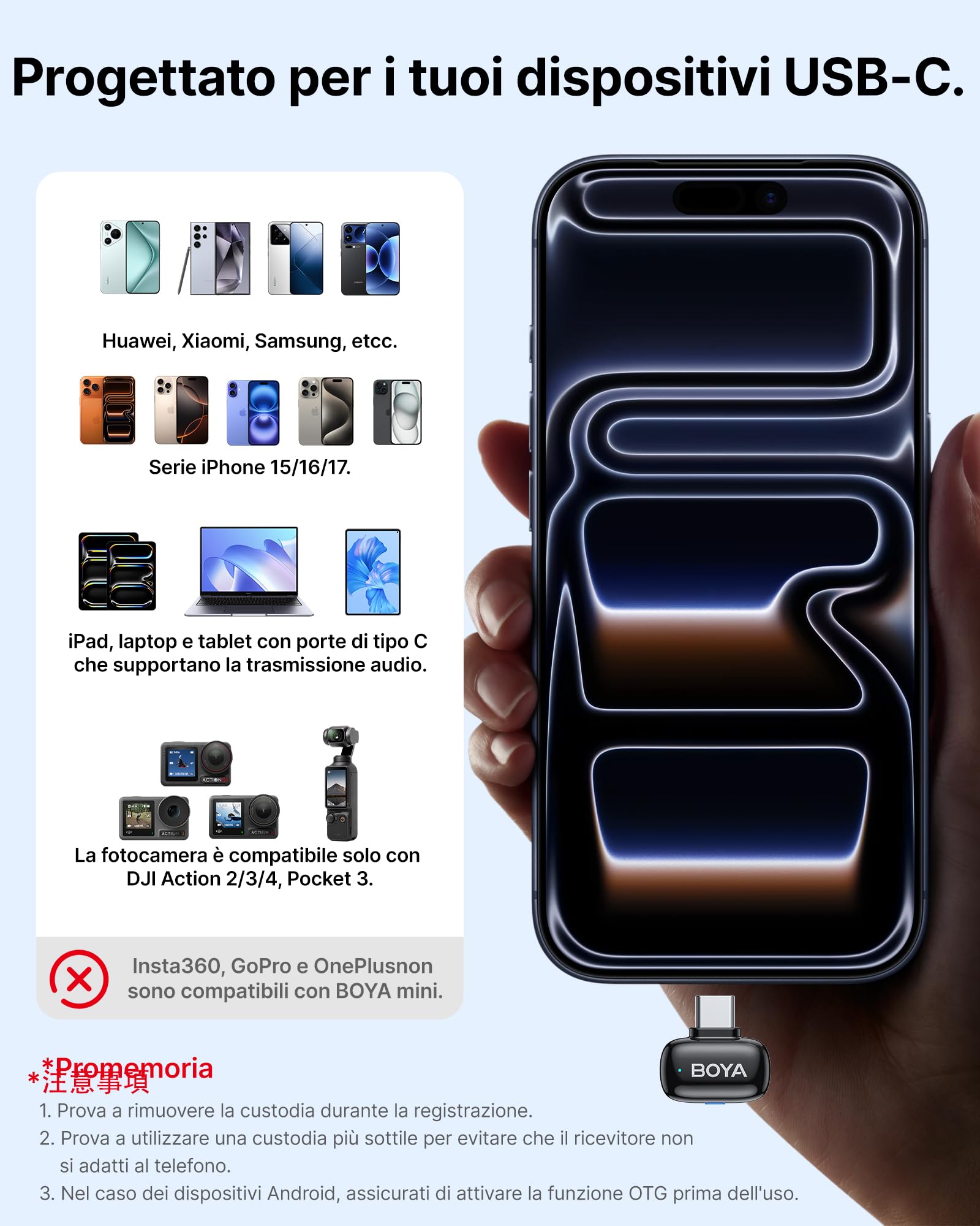 BOYA MINI 2 Microfono per iPhone 15/16/17, Android, Microfono Wireless, 5g, 48kHz/24Bit, 100m, Microfoni Lavalier USB-C, 30 Ore, Microfoni Senza Fili per Video Social, Vlogging, YouTube, Streaming